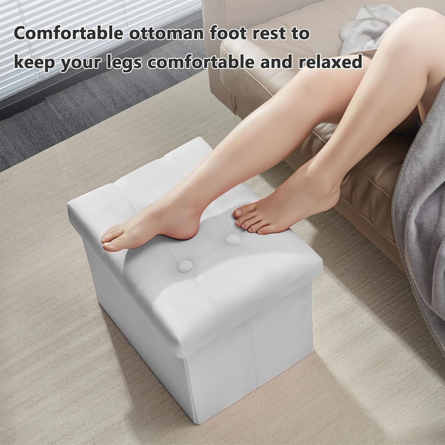AmasSmile 2PC Storage Ottoman Foot Rest Stool, 17 inch Velvet Footstool Bench, Short Ottomans Stool, Small Folding Storage Ottoman Store Books, Records, White - Image 4