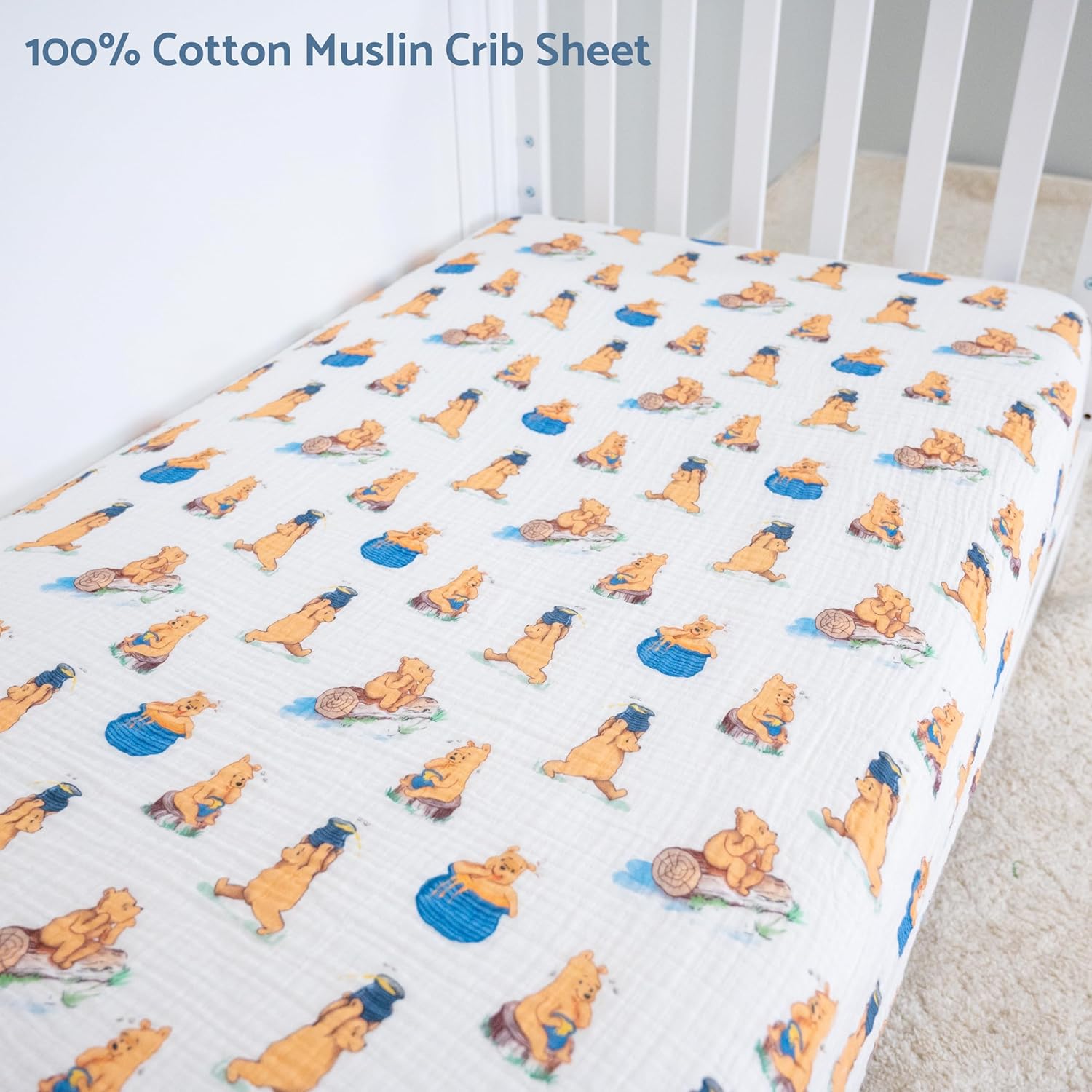 LollyBanks Fitted Crib Sheets 2 Pack, Soft and Breathable 100% Cotton Muslin Crib Sheets, Neutral Baby Bed Sheet for Standard 52"x28" Mattress, Baby Registry Must Haves (Cute Bear Pattern Theme)