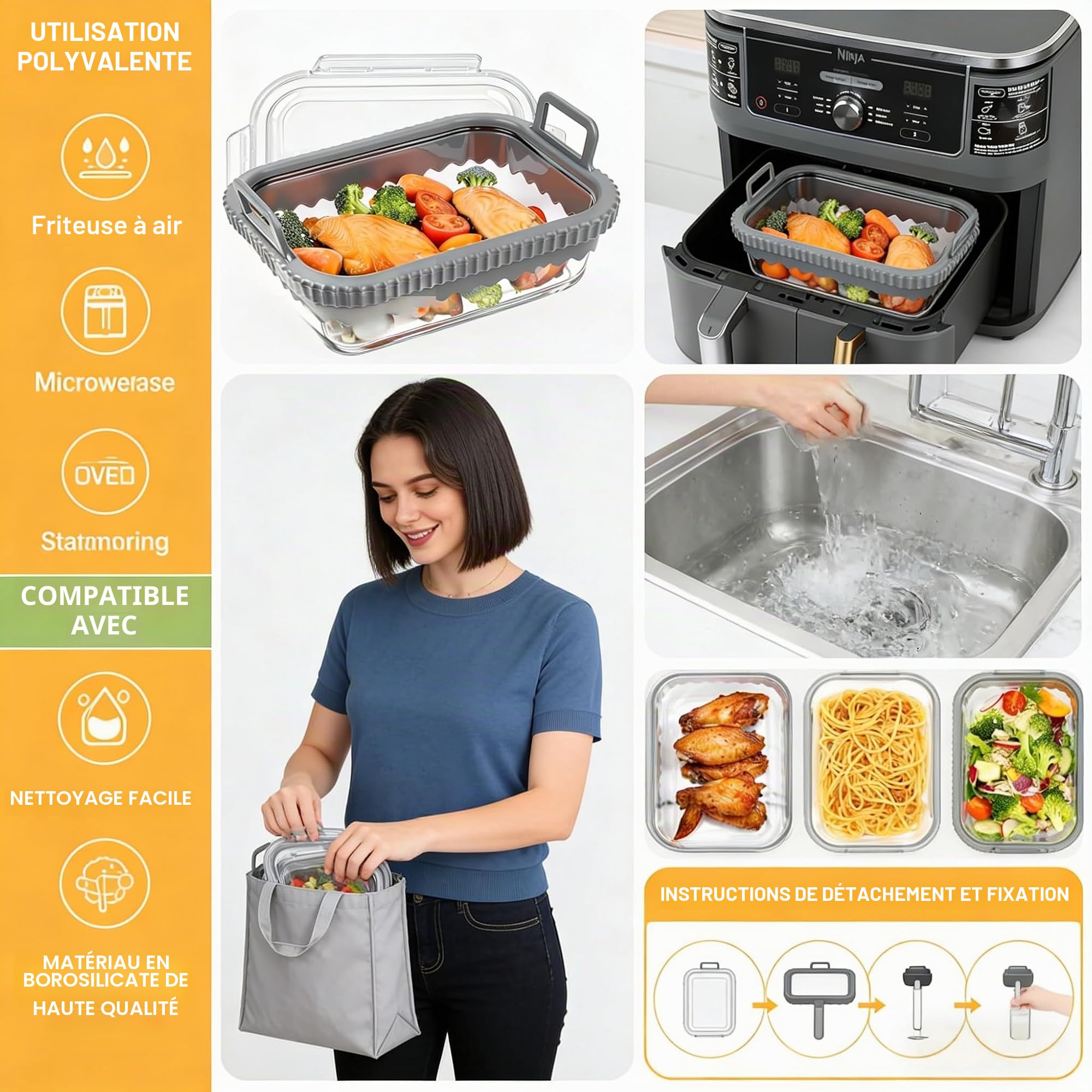 Plat à gratin Airfryer pour Ninja & Cosori | Moule en verre avec couvercle et poignées amovibles | Résistant à la chaleur pour Ninja Airfryer Accessoires AF400EU/AF500EU/SL400EU | Passe au
