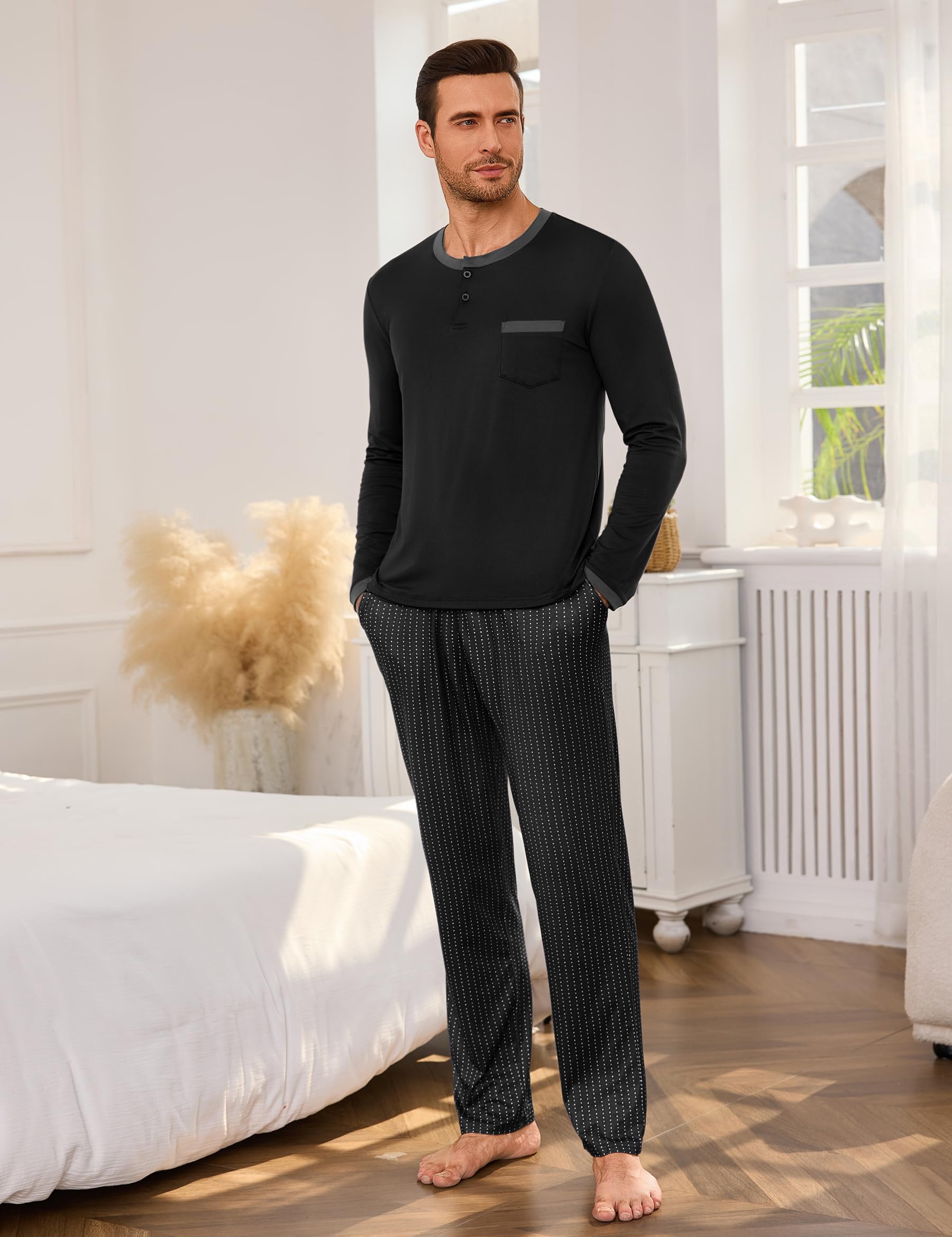 Pijama Hombre Invierno Algodón Manga Larga Bolsillos | Conjunto de pijama cálido para hombre en algodón suave, camiseta manga larga y pantalón con cordón y bolsillos.