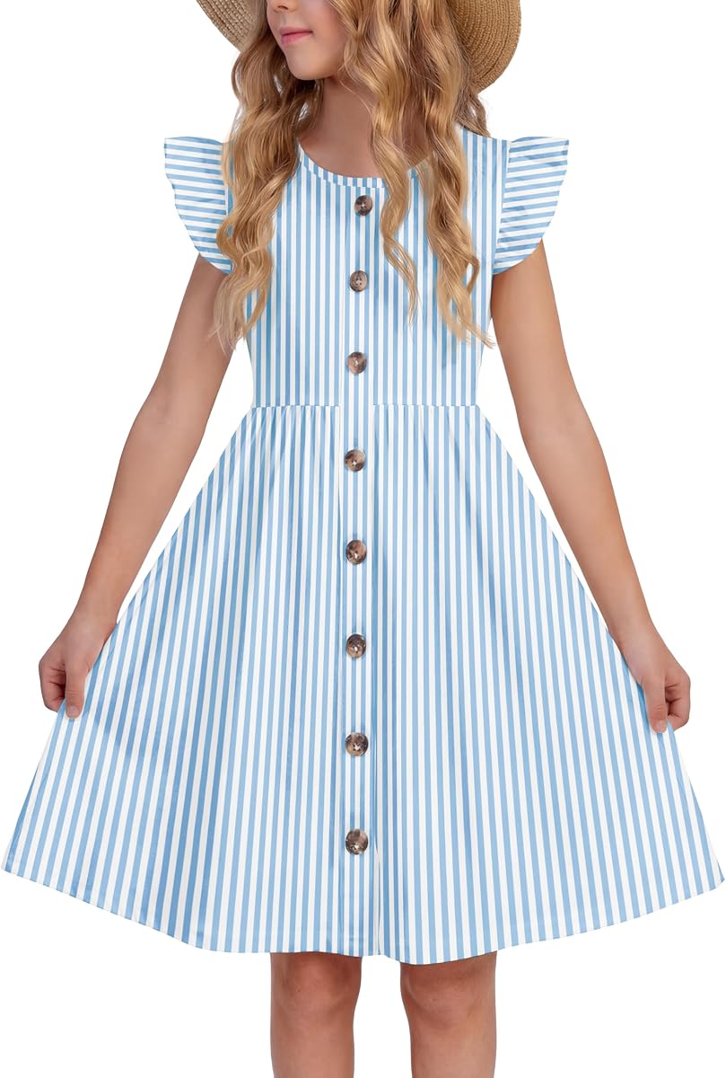 Girls Dress Flutter Sleeve Button Summer Sundress with Pockets