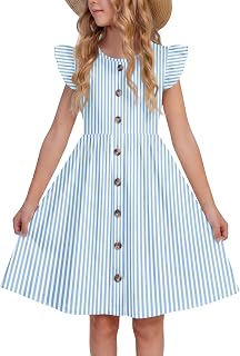 Arshiner Girls Dress Flutter Sleeve Button Summer Sundress with Pockets