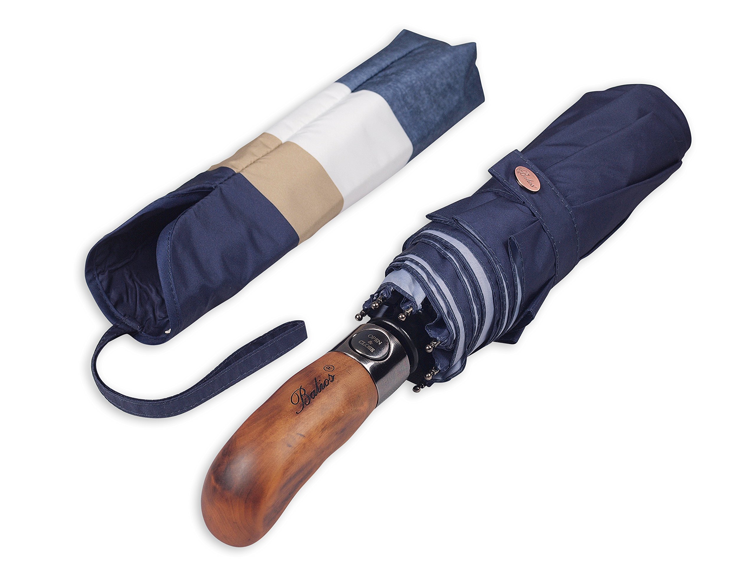 Balios Prestige Travel Folding Umbrella Handmade Wood Handle Auto Open Close