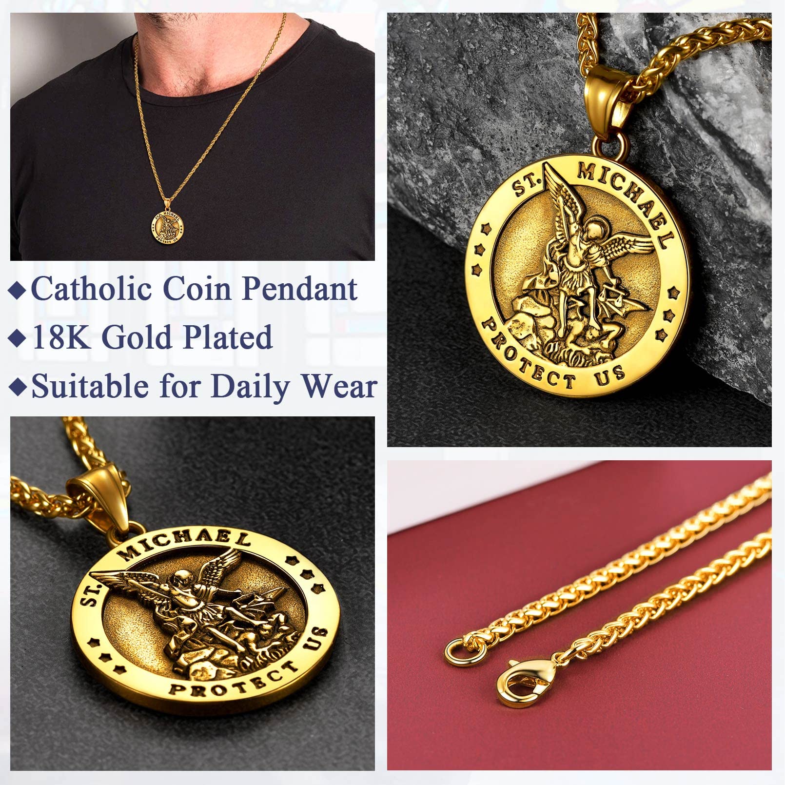 FaithHeart Collar San Miguel Arcángel Acero Inoxidable 316L Hombre Joyería Religiosa Cristiana Talismán de Protección Soldados Militares