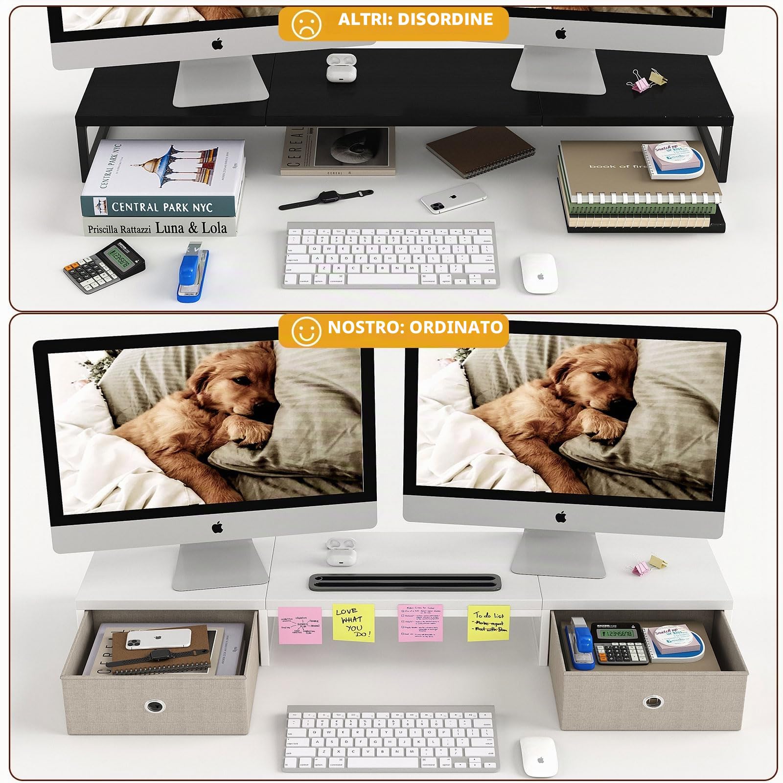 Supporto per monitor a doppio monitor con 2 cassetti, grande supporto per computer, organizzatore desktop in legno, perfetto per scrivania domestica, computer, laptop, TV
