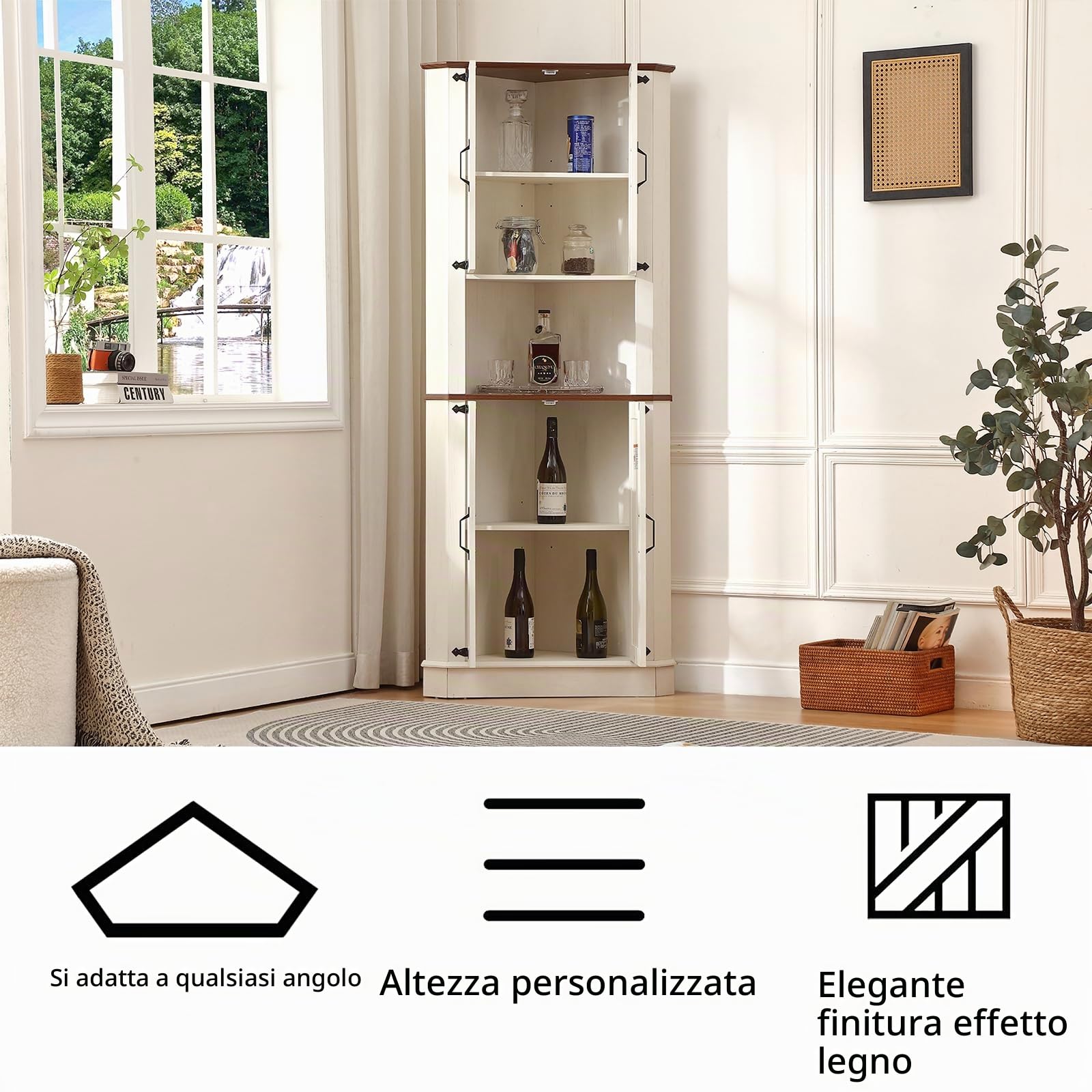 FOREST GRAVITY Mobile angolare alto Sottile Corner Cabinet Soggiorno Contenitore per la sala da pranzo Mobile Bagno Stretto con Cassetto Ripiani Regolabili 50 * 9 * 173 cm Bianco