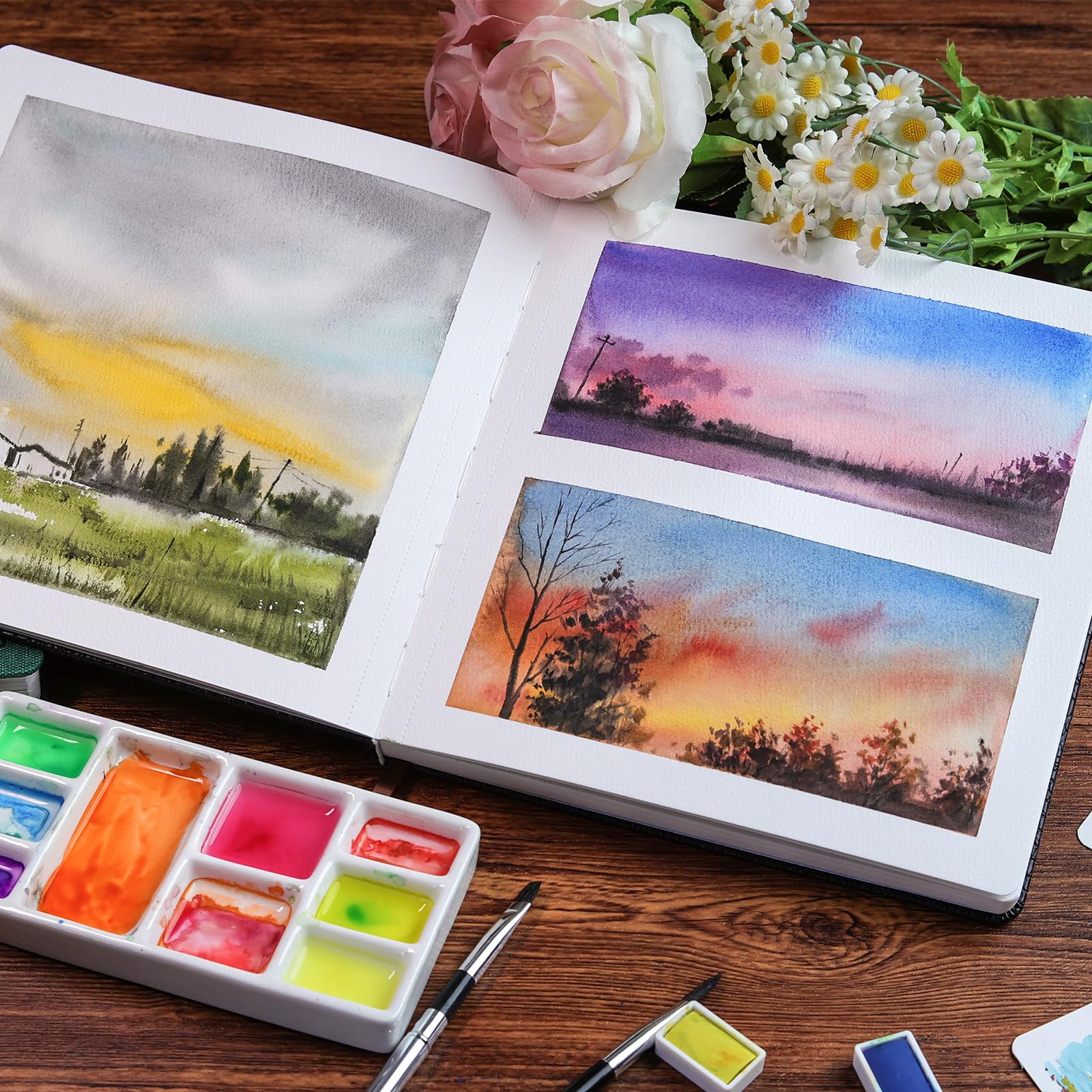Watercolor Journal 6.5"x6.5"- 100% Cotton, 24 Sheets 48 Pages,140LB/300GSM Cold Press, with Inner Pocket and Wide Elastic Band - Perfect for Watercolor, Gouache, Acrylic, Ink & Mixed Media - 4