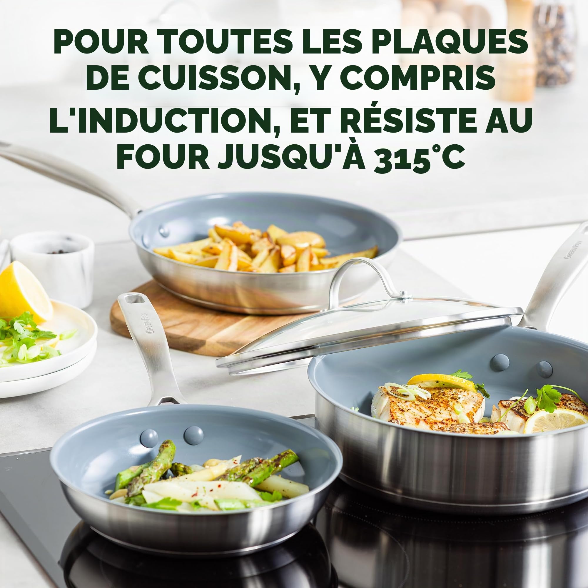 GreenPan Treviso Batterie de Cuisine en Acier Inoxydable avec Revêtement Antiadhésif en Céramique Sain, 10 pièces, Poêle à Frire, Casserole, Sans PFAS, Induction, Four, Lave-Vaisselle, Argent