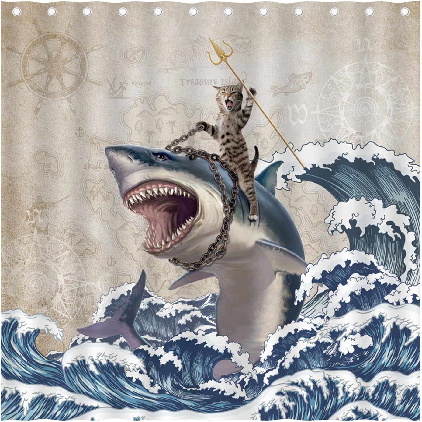 OTCKOTA Custom Funny Cat Shower Curtain for Kids Bathroom, Cool Cat Riding Whale