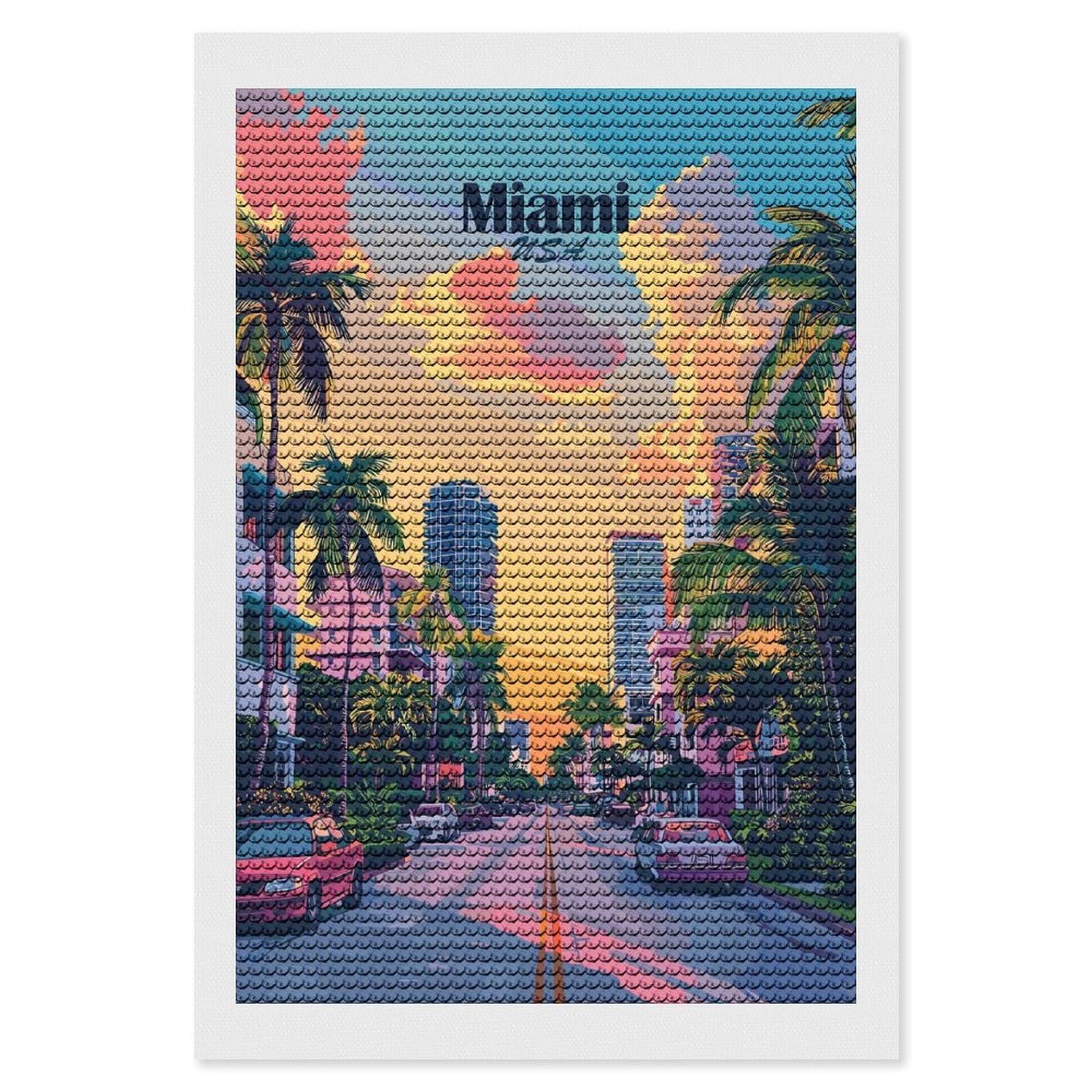 Junmoney Miami USA Cityscape with Palm Trees DIY Diamond Art Canvas Kit 8"x12", Farmhouse Decor, Vintage Style Decor, Handmade Wall Decor, Canvas Picture