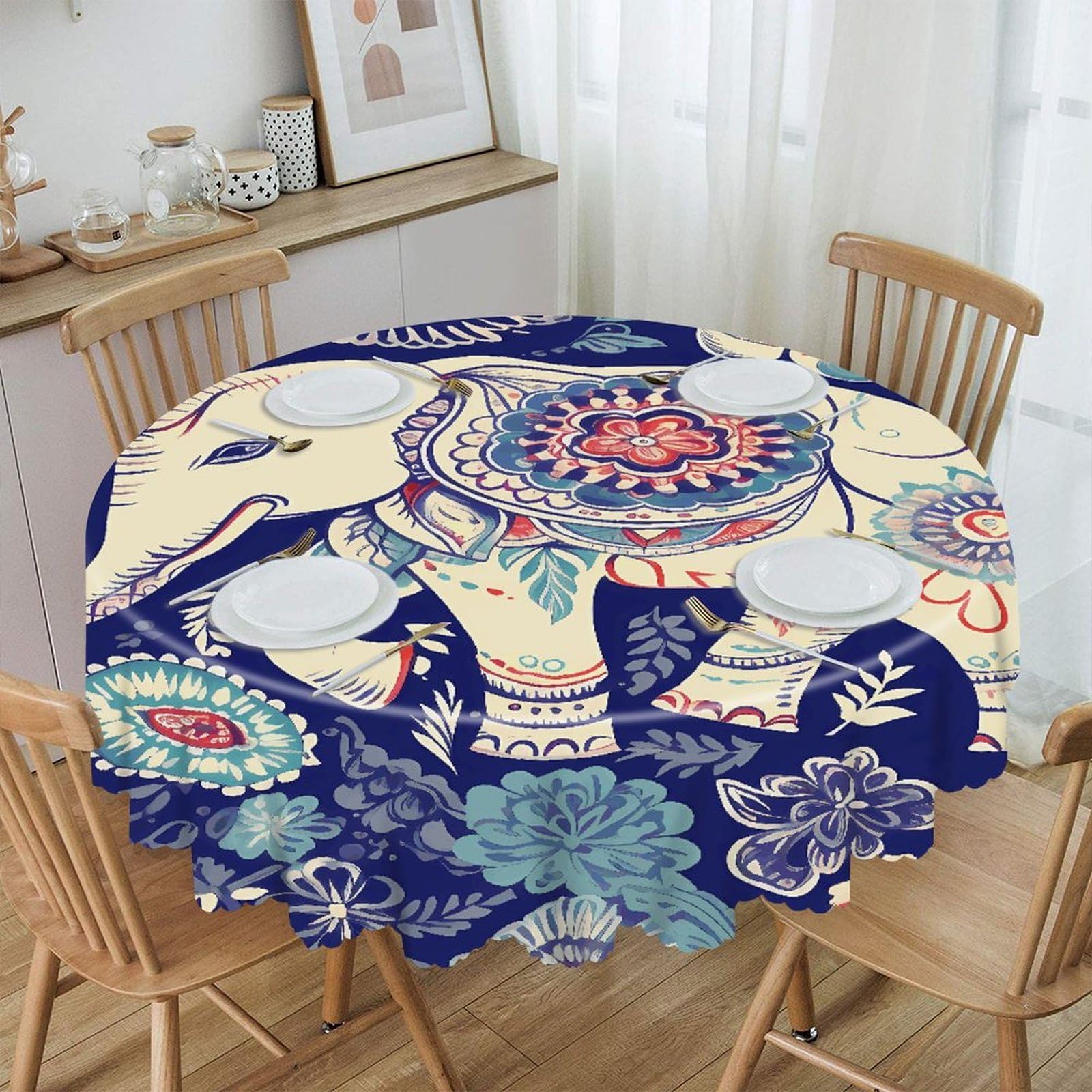 VstaDank 60 Inch Round Boho Elephant Tablecloth Polyester Waterproof Wrinkle Free Table Cloth Spillproof Washable Table Cover Colorful Tablecover Decor for Home Kitchen Dining Party