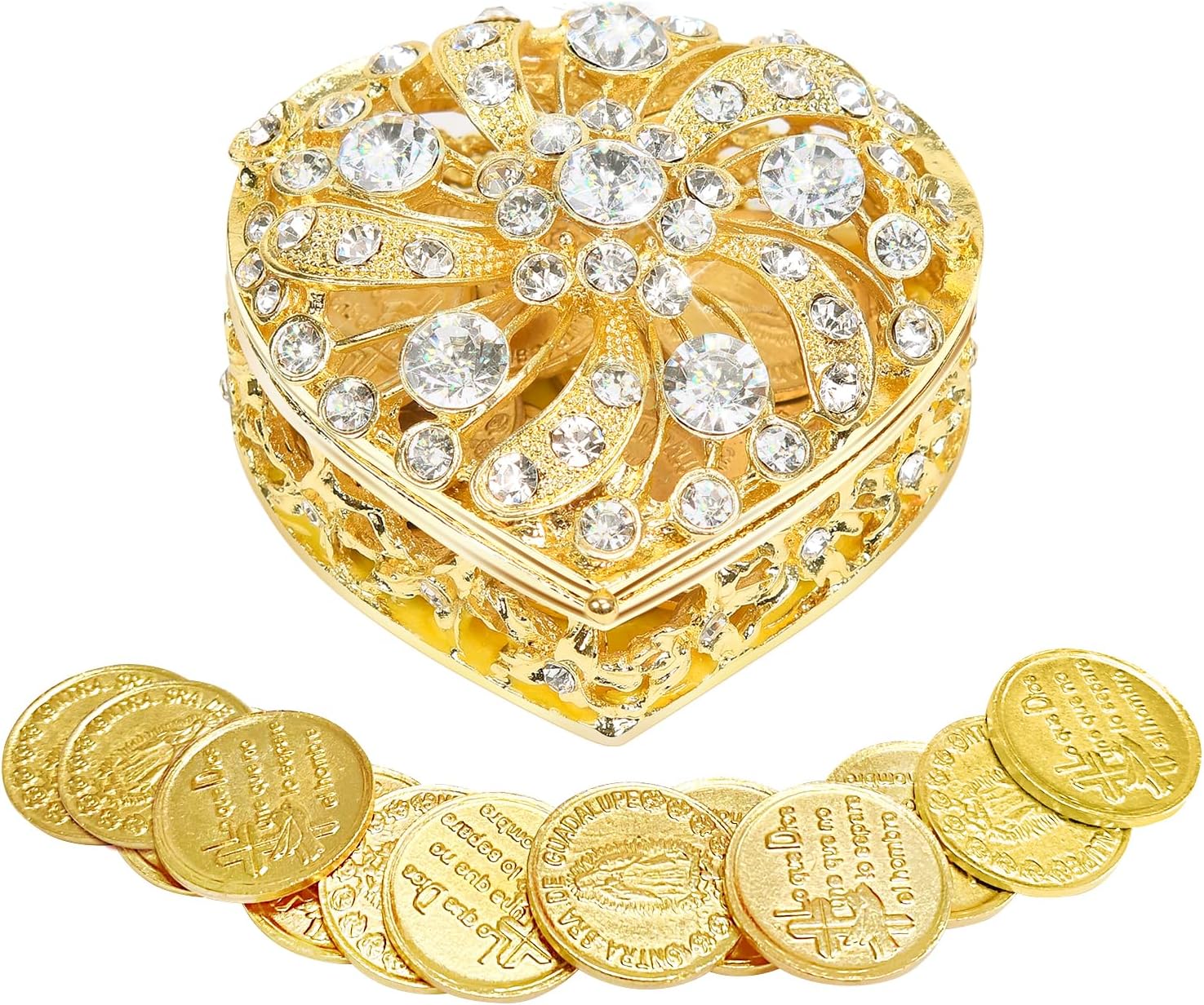 Wedding Arras Coins Set - Gold Heart Shaped Box with 13 Virgen of Guadalupe Coins, Arras De Boda Cristiana, Wedding Accessories for Ceremony