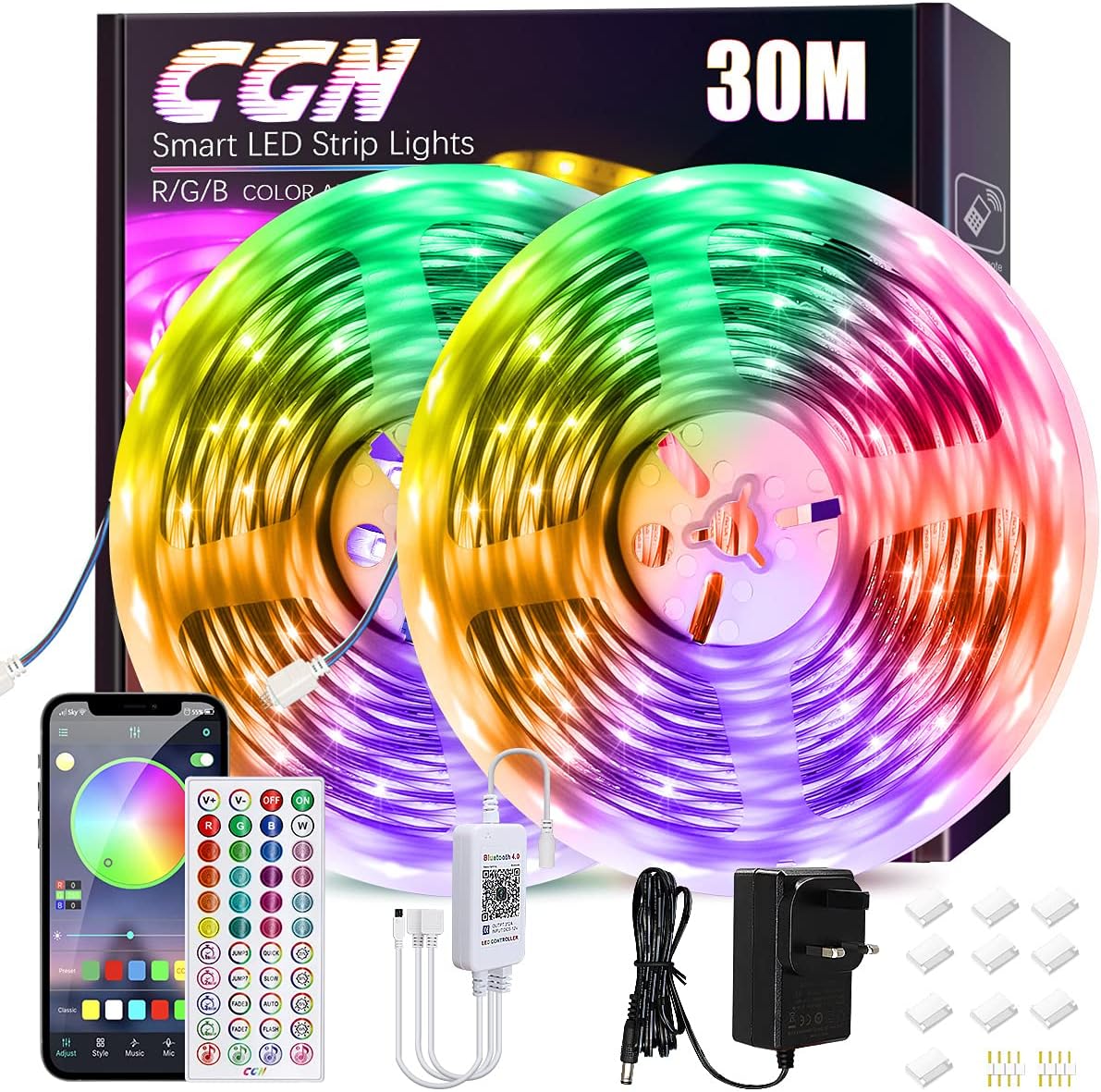 CGN 30M LED Strip Lights, Bluetooth 100FT Music Sync Smart RGB Color Changing Decorative Dimmable Light Strips, Multimode Ambient Mood Lighting for Bedroom TV Backlight Deco