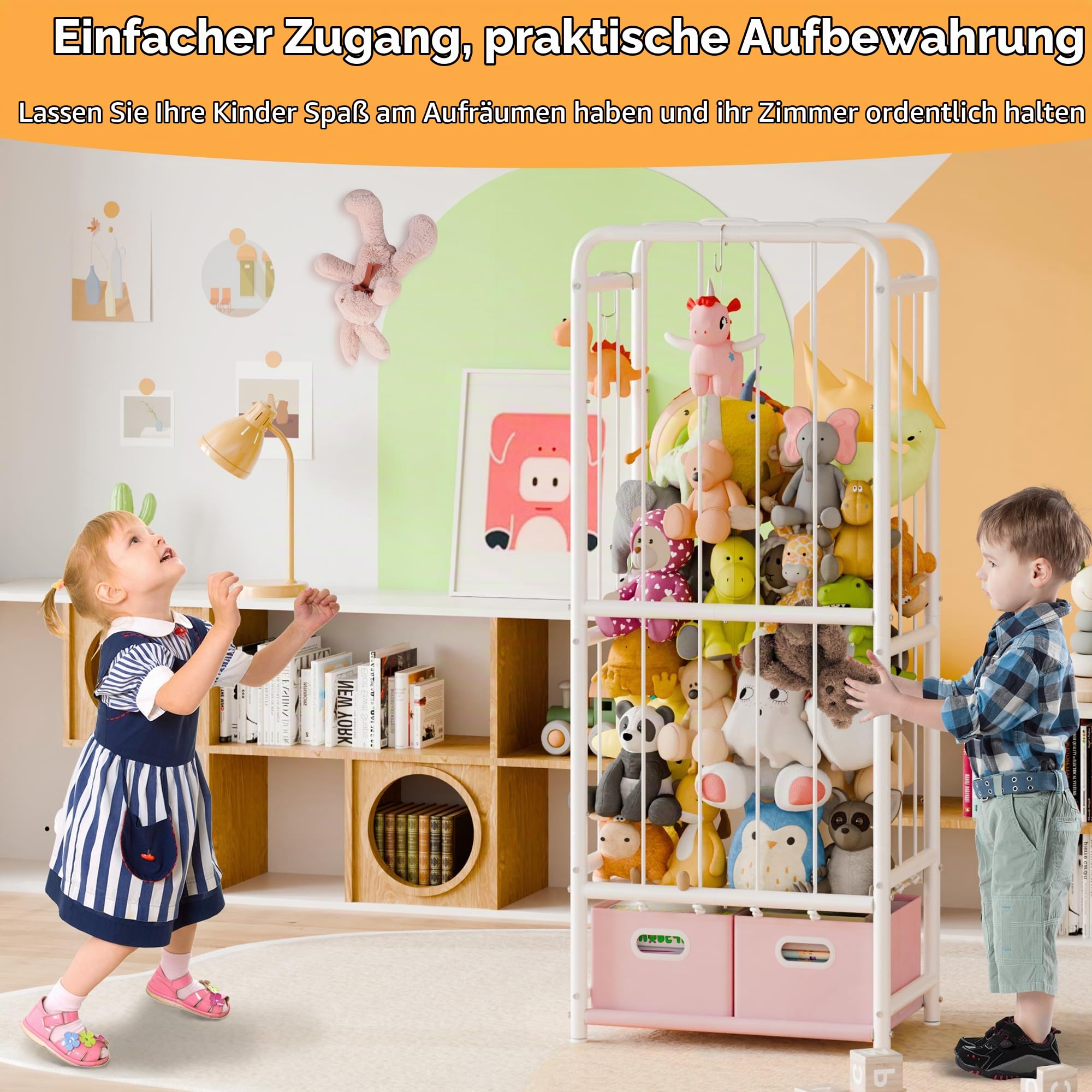 GRANNY SAYS Stofftier-Aufbewahrung mit 2 Spielzeugbehältern, Zoo-Stofftier-Halter, Spielzeug-Organizer mit Gummiband und Haken, platzsparend, vertikal, Kinderspielzeug, Organizer für Schlafzimmer