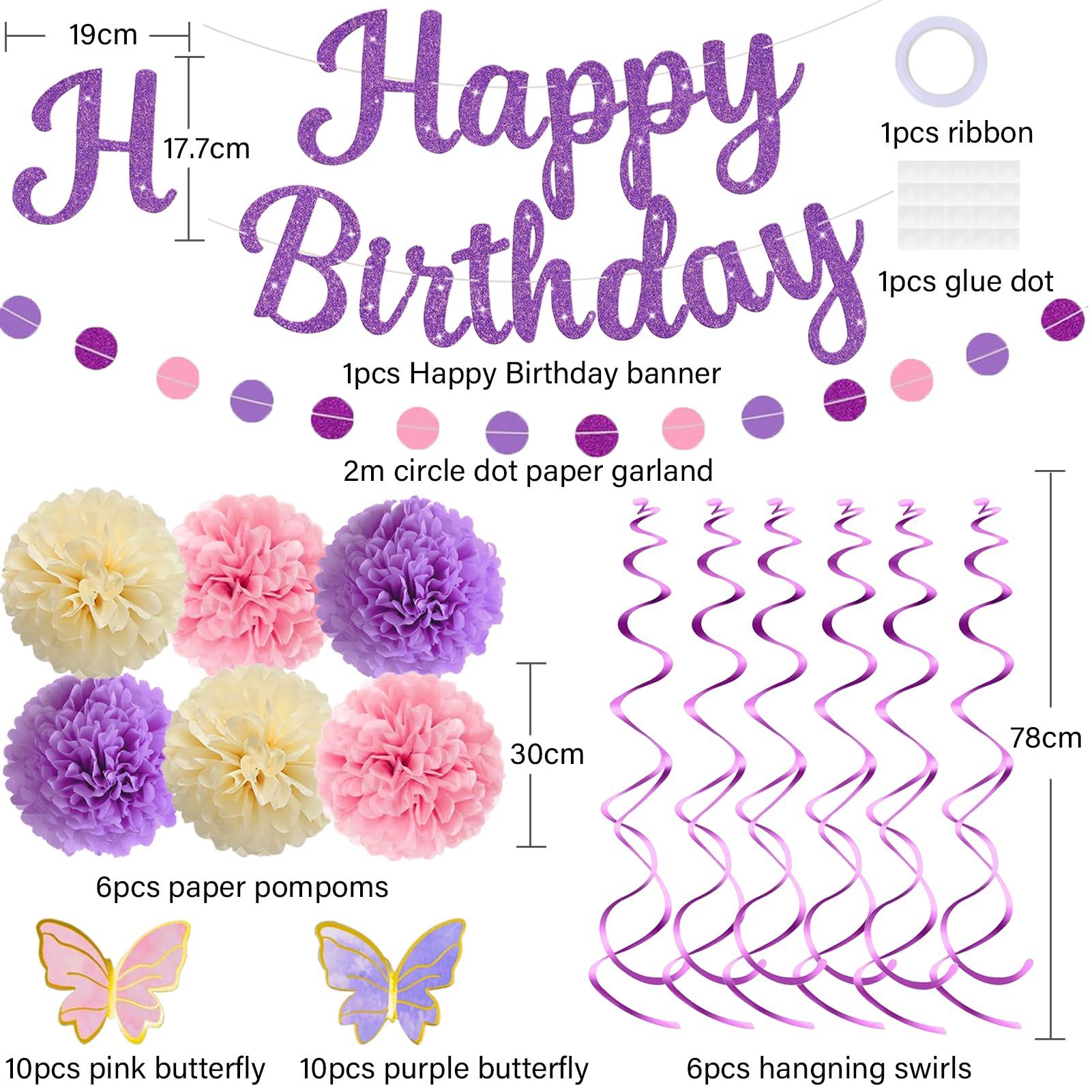 Pink Purple Birthday Decorations, Happy Birthday Banner and Paper Pompoms, Hanging Swirls, Circle Dots Garland, Butterfly Stickers Cake Toppers for Girls Women Party Decorations