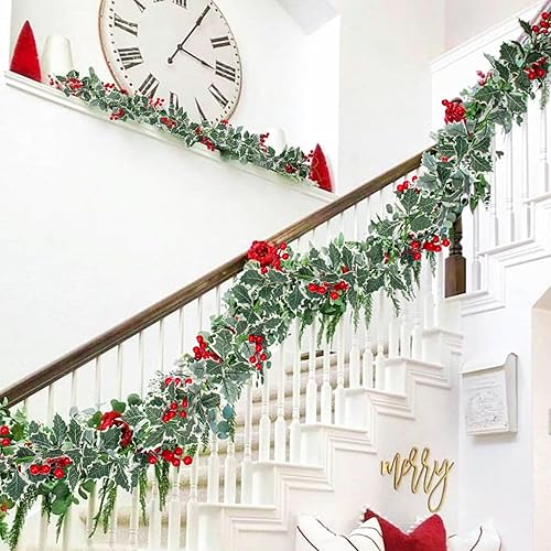Miniatura 5 de Paquete de 3 guirnaldas de Pascua de Navidad de 25.5 pies con borde blanco, hojas verdes de acebo para Navidad, hogar, comedor, terraza, barandilla,