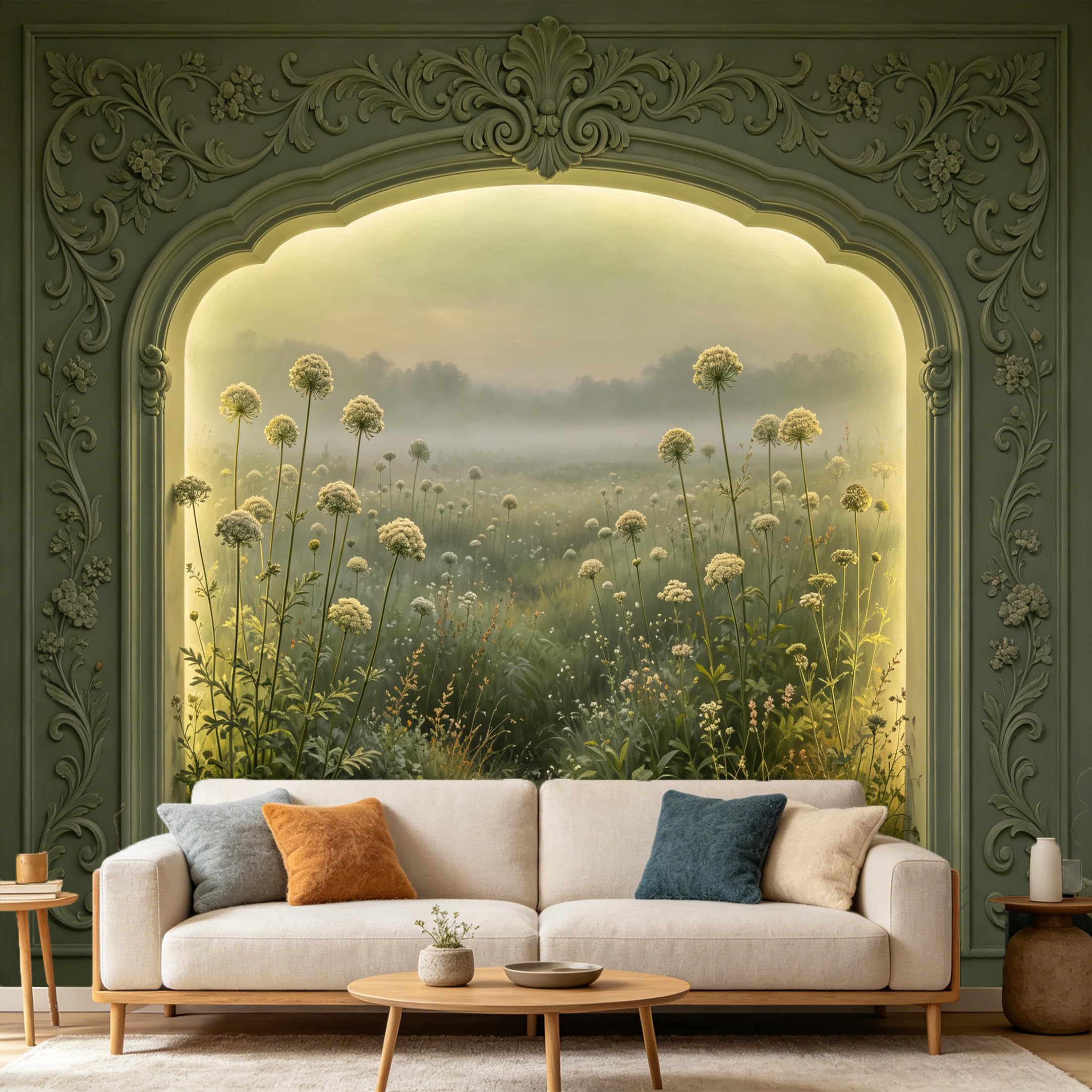Custom Size Wall Mural， Vintage Archway Misty Meadow Botanical 3D Trompe L'Oeil Oil Painting Style， SelfAdhesive Art Prints wall Fabric Removable Large Wallpaper Home Living Room Decor