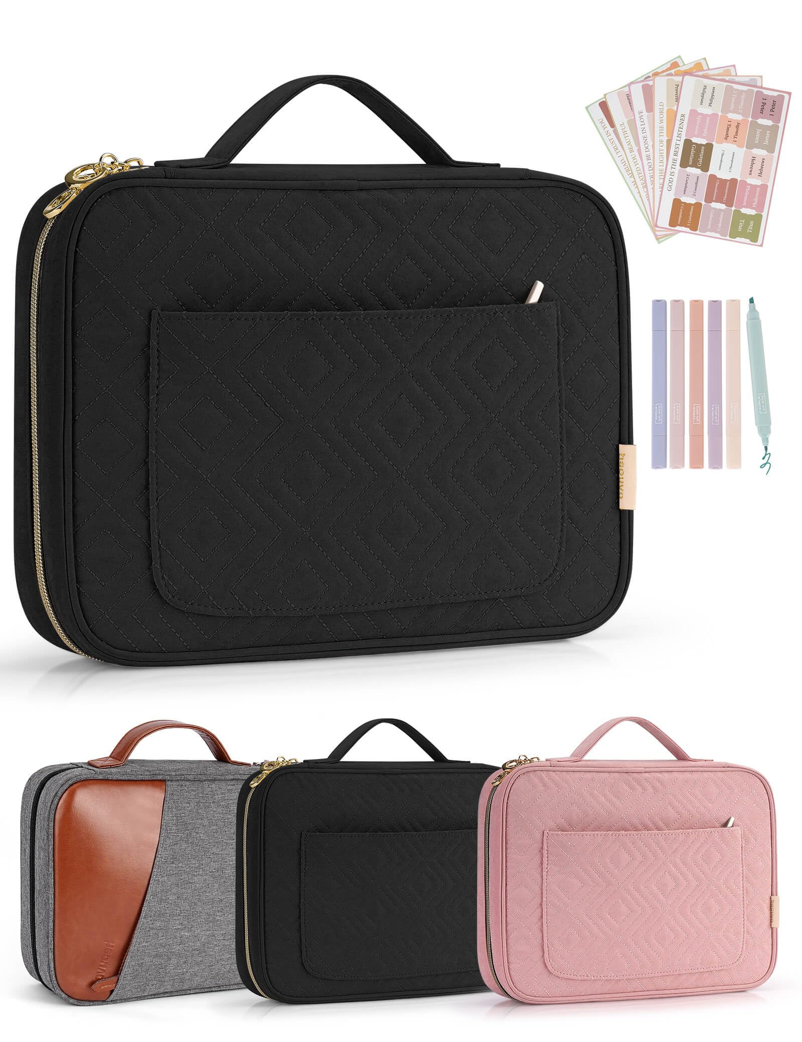 Bible Cover Case for Women, Bible Study Supplies, Bible Journaling Kit, 6 No Bleed Bible Highlighters and Pens, 75 Bible Tabs, Large Size Zippered Bible Bags (Black)