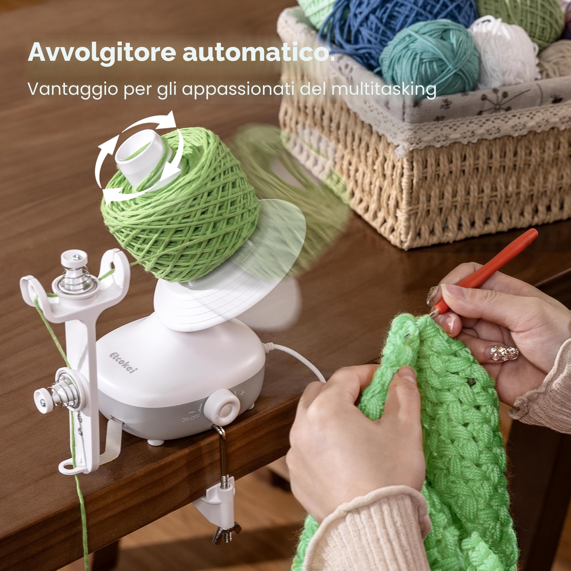 Avvolgitore di filati, avvolgitore elettrico di gomitoli per l'uncinetto, avvolgitore compatto di torte di filati con forte tensione a velocità costante, avvolgitore automatico di lana