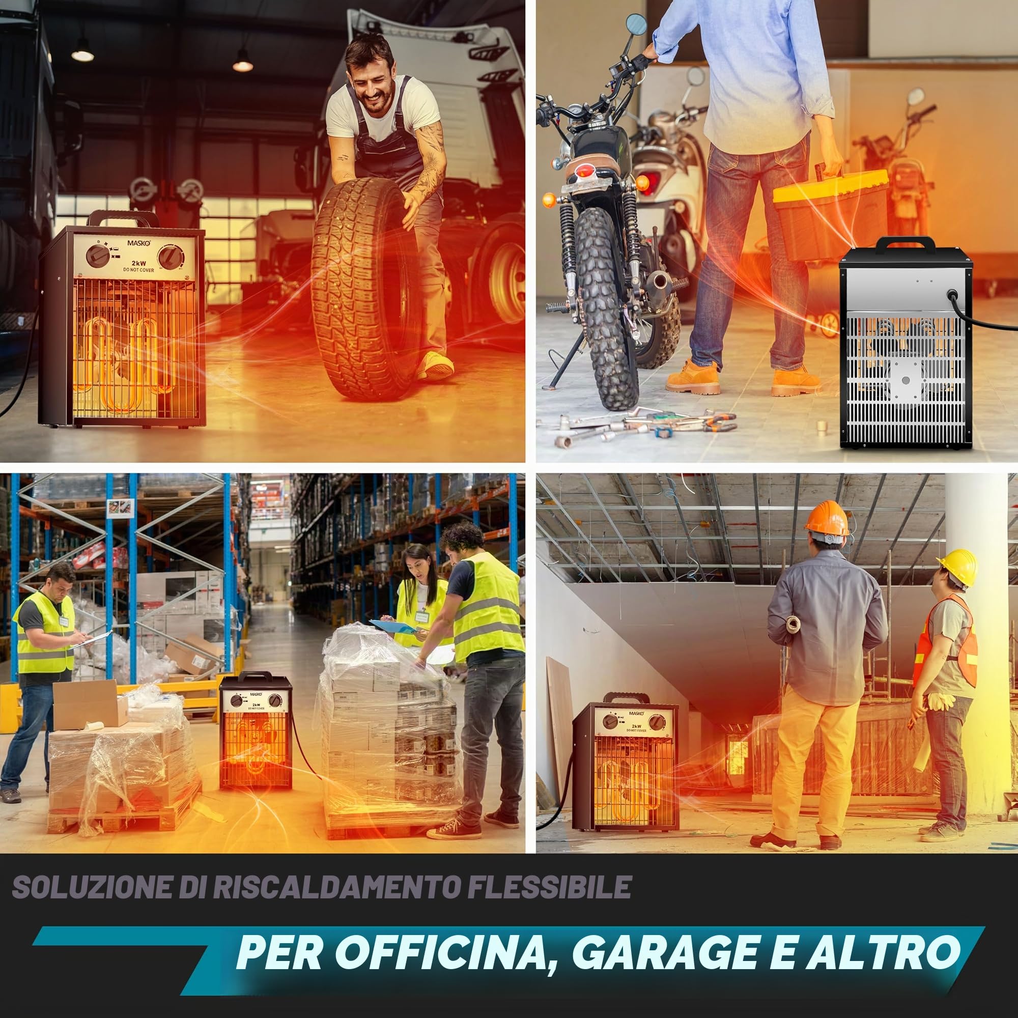 Masko® Riscaldatore elettrico 2 KW con termostato, 2000 Watt, 3 livelli riscaldamento, uso interno-esterno, protezione sovraccarico, ventilatore bianco