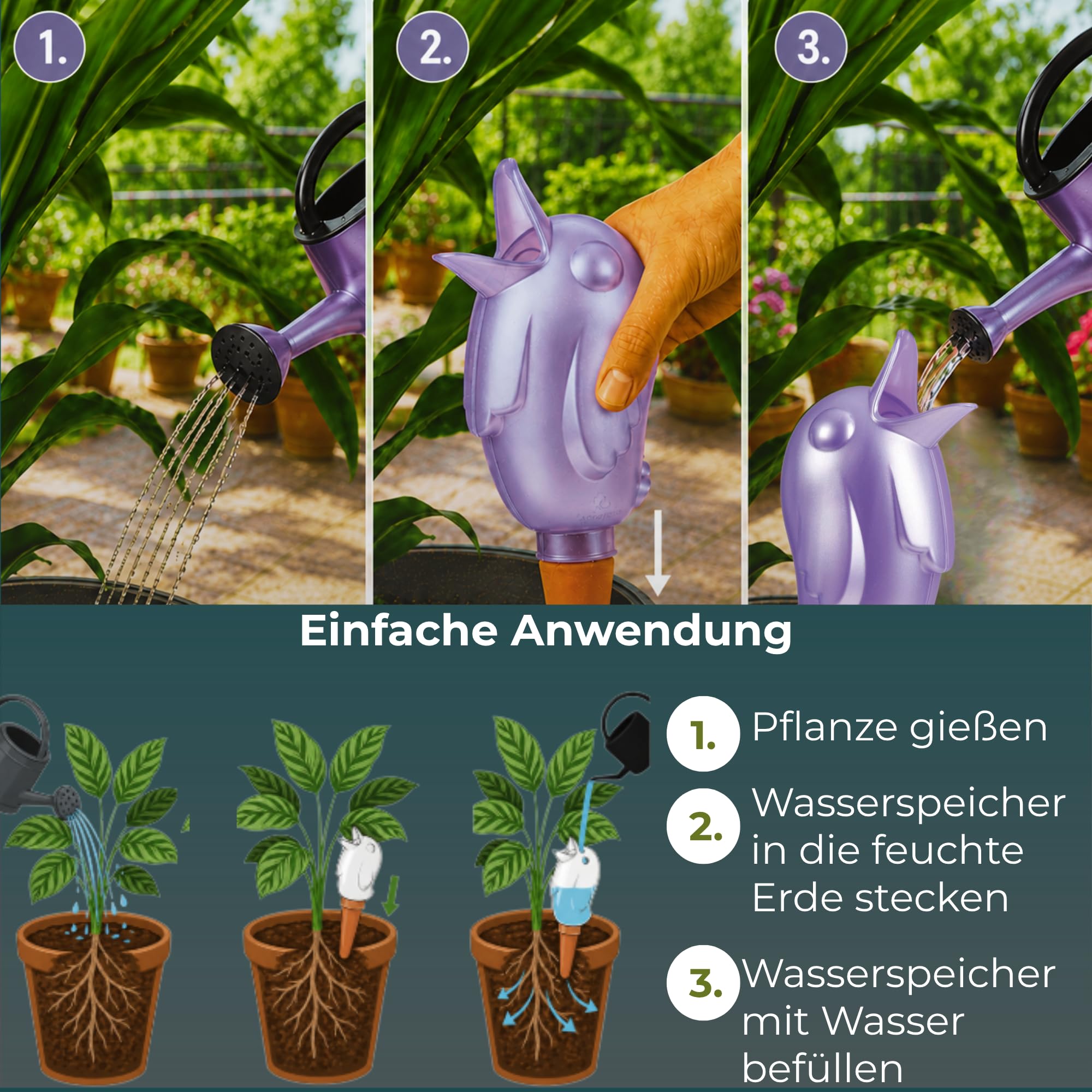Scheurich Wasserspender XL Lila 8 Stück - 620ml Wasser für bis zu 7 Tage Purple Pearl Höhe 29 cm mit Tonkegel