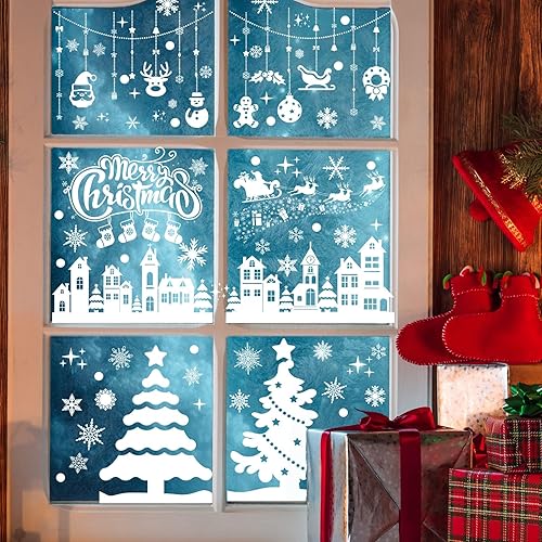 Miniatura 7 de MISS FANTASY Decoraciones navideñas para ventana, 10 hojas de calcomanías de ventana de escena de Navidad para ventana de vidrio, copos de nieve,