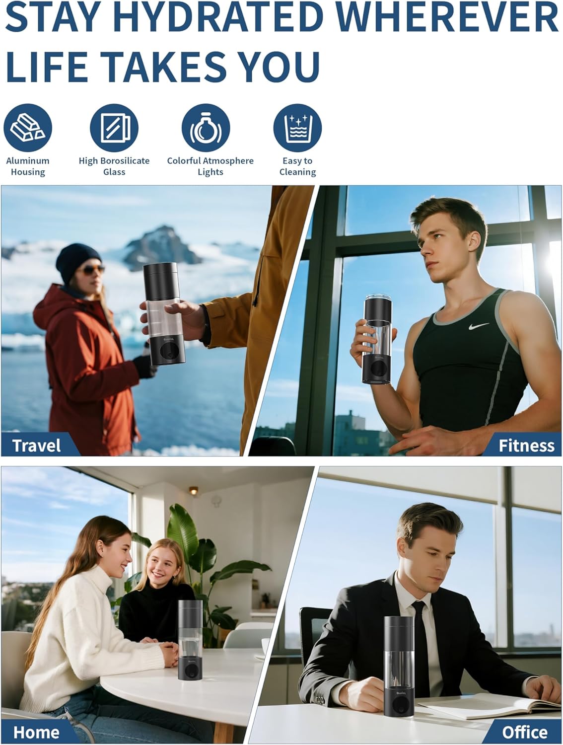 Hydrogen Water Bottle Deluxe Version, Up to 12000ppb Concentration, Upgrade Smart Touchscreen Control SPE Hydrogen Generator with LED Display Portable Hydrogen Water Machine