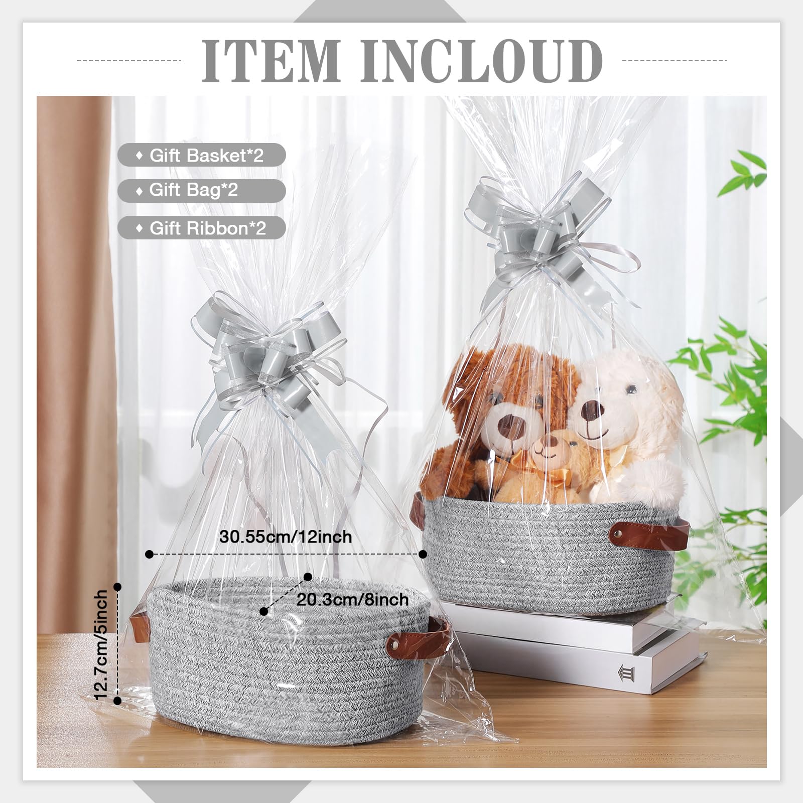 Colingmill Paquete de 2 cestas de regalo para el día de San Valentín con asas con bolsas de regalo, cintas, cestas tejidas, caja de regalo vacía para regalos, cestas de regalo, boda, Pascua (gris