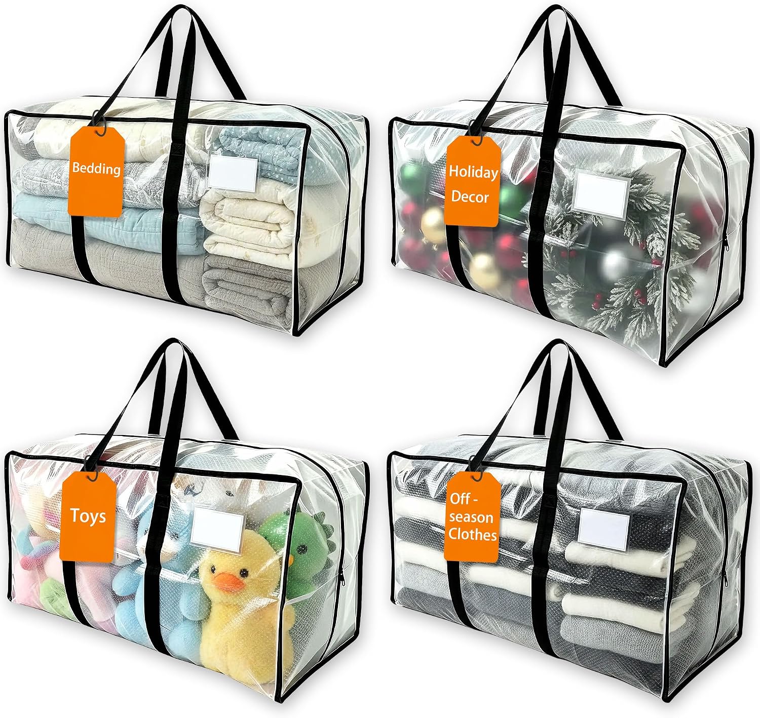 24 GAL Heavy Duty Moving Bags Clear see-through 4 Pack - Backpack Straps & Handles, Large Zipper Storage Bags for Clothes, Water-Resistant College Dorm & Moving Essentials