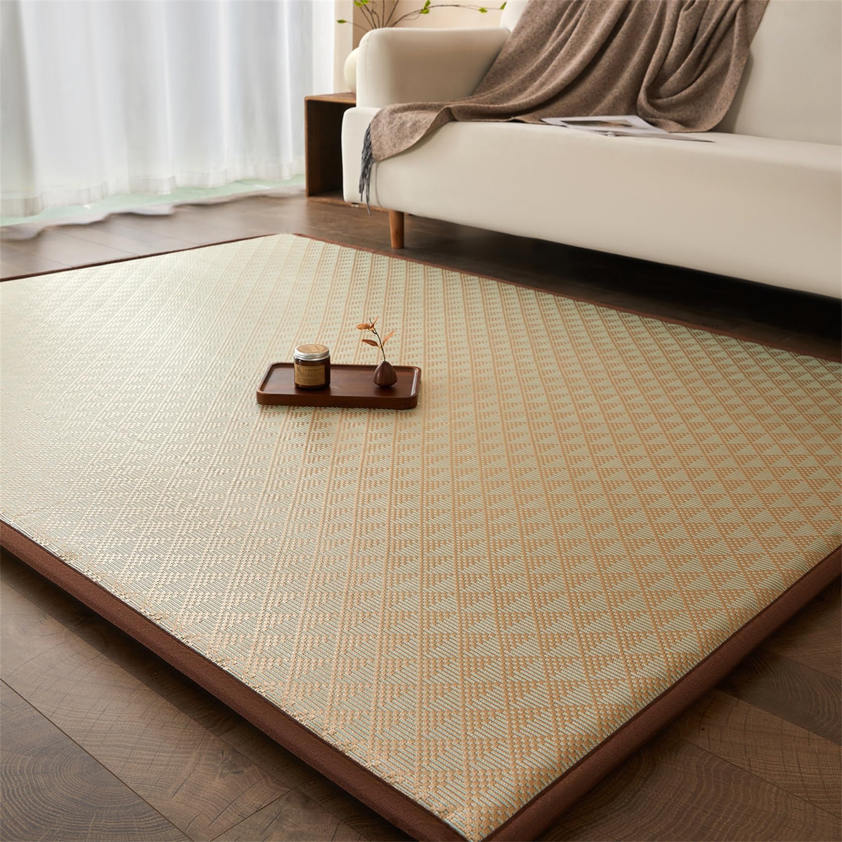 GUOIOOI Foldable Floor Mattress,Japanese Tatami Mat Portable Non-Slip Cooling Traditional Natural Rattan Woven Mat for Office Nap, Dorm Room, Picnic, Yoga, Car Travel, Adults(Tan,79x110in)