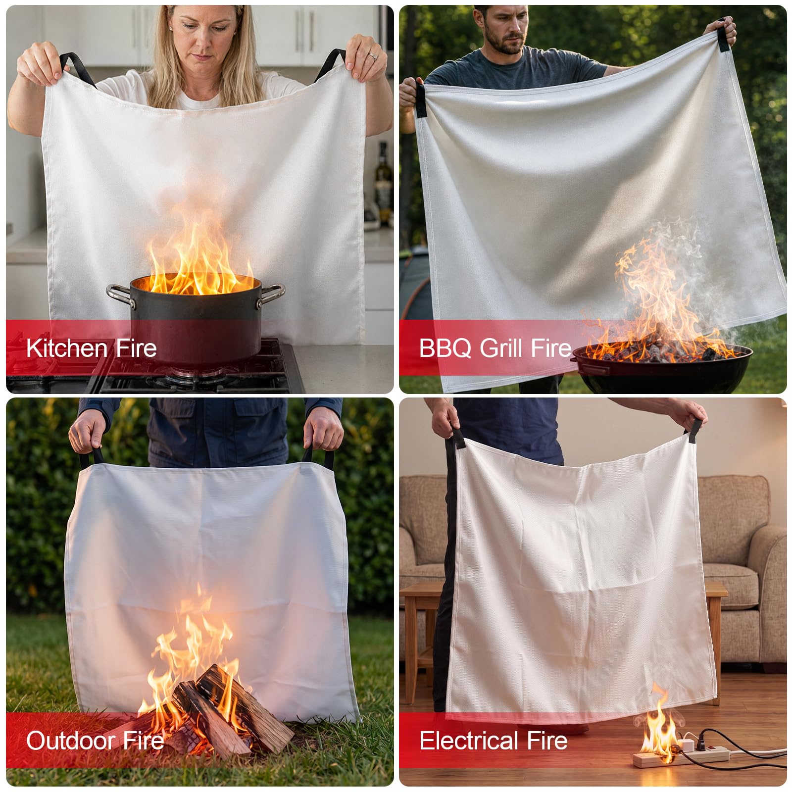 Mondoshop Feuerlöschdecke für die Küche, Notfall für Zuhause, Feuerlöschdecke für Auto, Büro, Lager, Kamin, Camping, Picknick, Grill (4er-Pack)