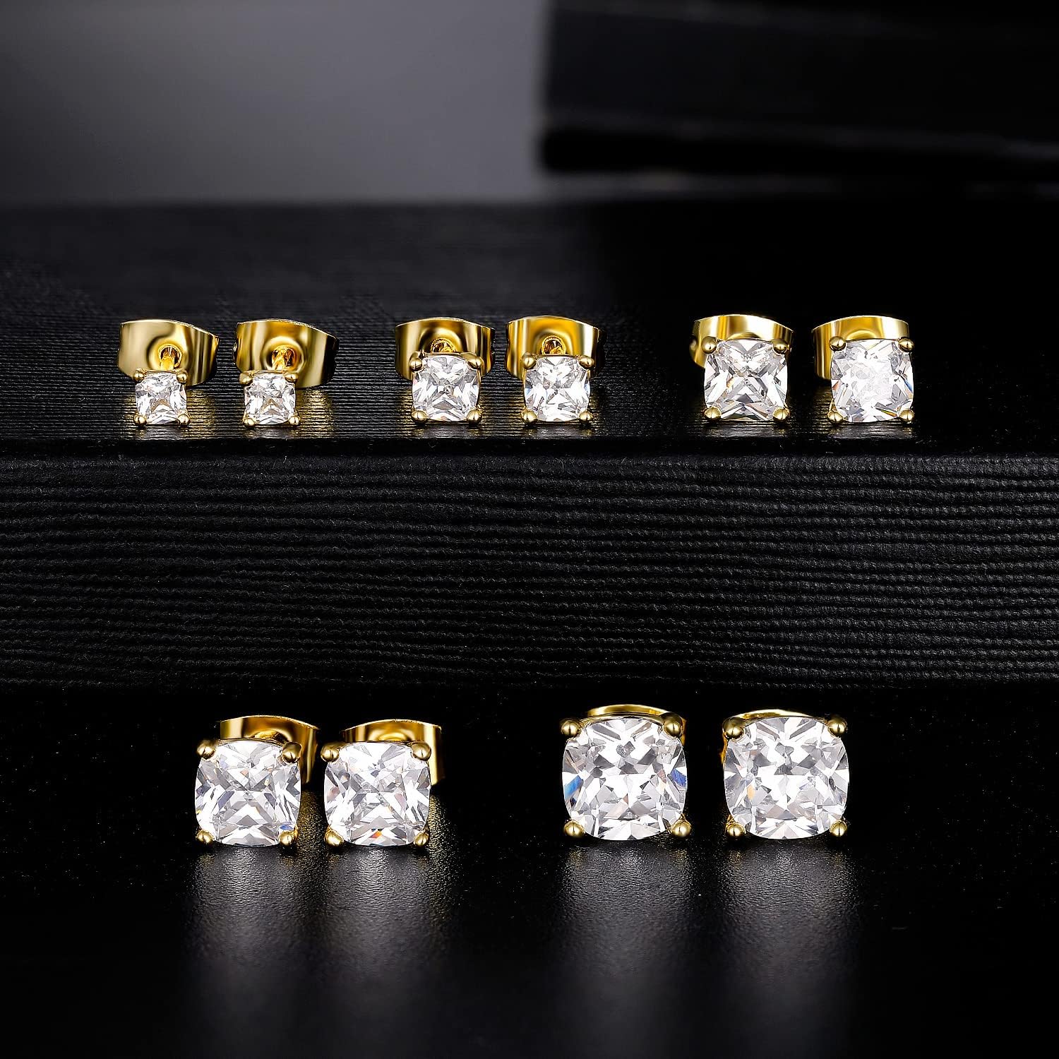 MDFUN 5 Pairs Stud Earrings Sets 3-7MM 18K Gold Plated Round/Cushion/Asscher/Emerald Cut Cubic Zirconia Earring Hypoallergenic Stud Earrings for Women Men - Image 6