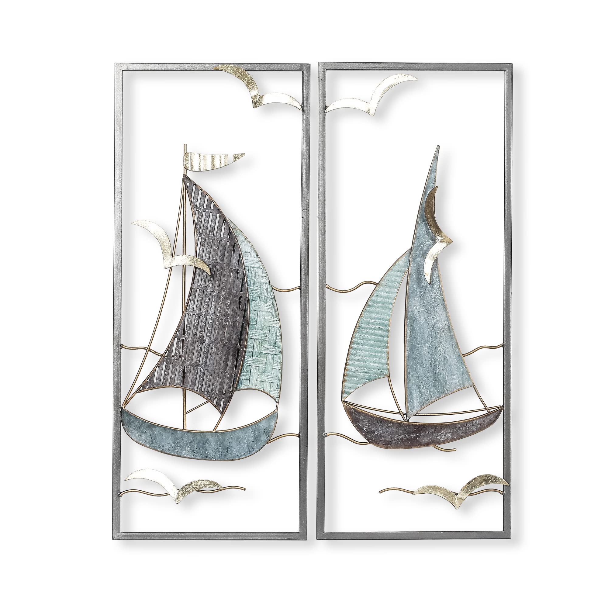 Adeco 3D Metal Sailboat Wall Art Set of 2, Handmade Antique Finishing 24 inch Metal Wall Sculptures Nautical Decor Ornaments for Home Hotel Living Room Bedroom Dining Room