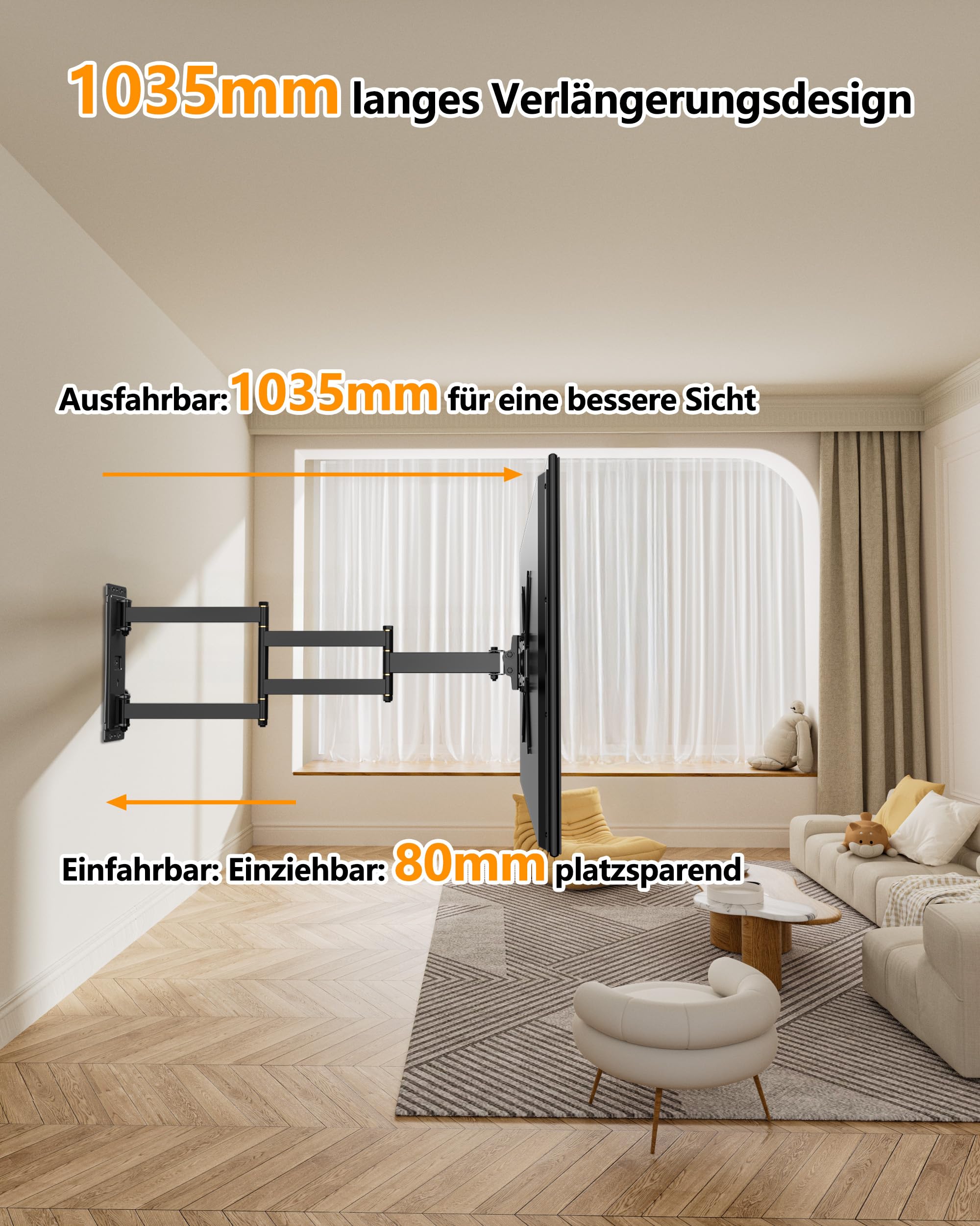 TV Wandhalterung mit 1035mm Langem Arm, TV Halterung für 17-50 Zoll | 180° Drehung Fernseher Wandhalterung, Eck TV Halterung mit Schwenkbar Neigbar, bis 30kg, Max VESA 300x300mm