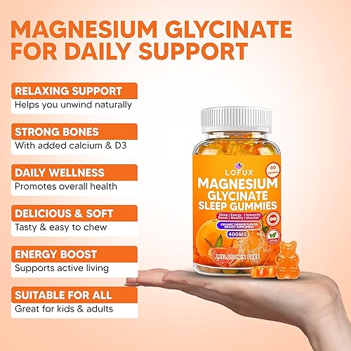 Miniatura 5 de Lofux Gomitas de glicinato de magnesio 400 mg, gomitas de magnesio sin azúcar para adultos, mujeres, hombres, suplemento masticable con L-treonato,