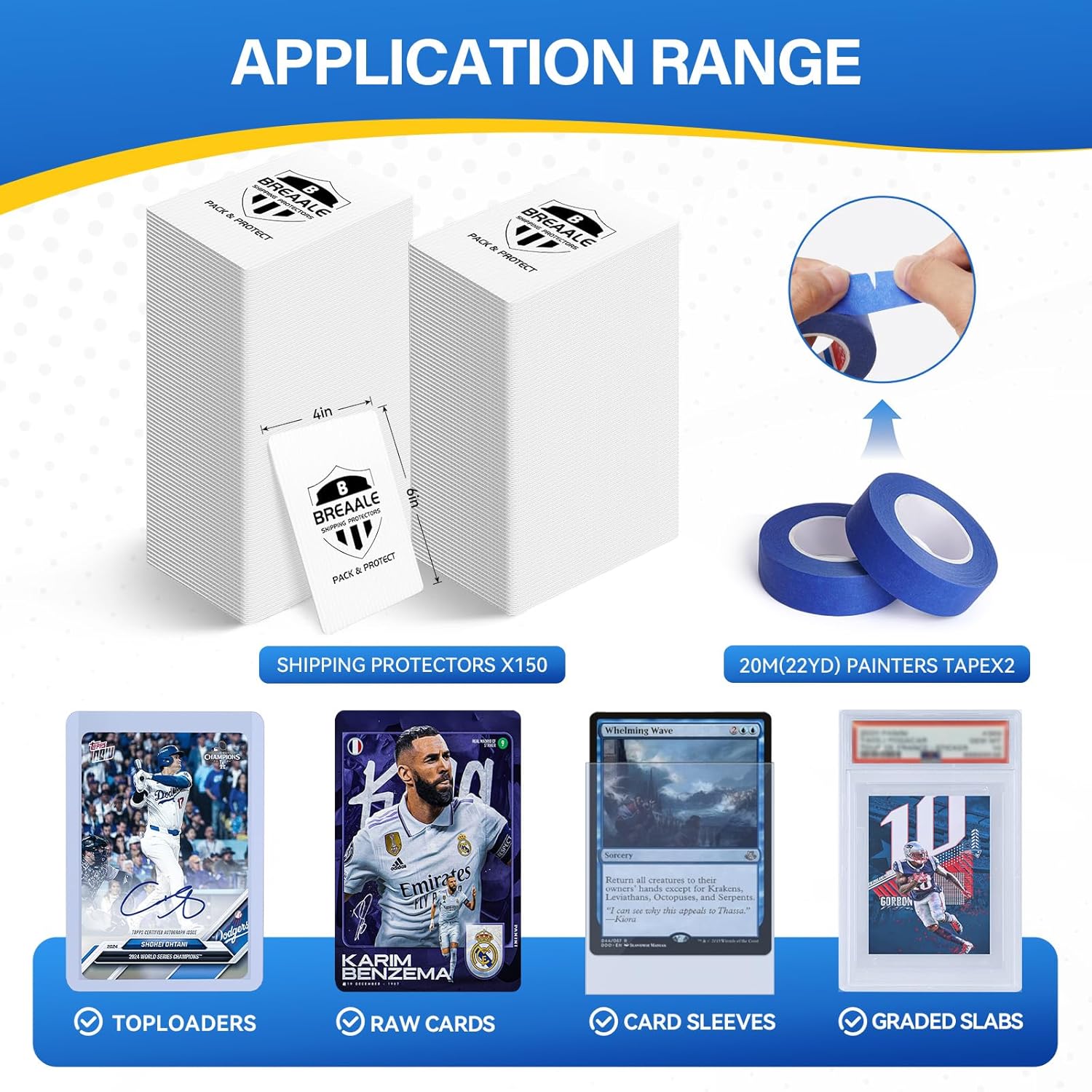 Trading Card Shipping Kit, 150 Pack – 4" x 6" Card Shipping Protectors with 2 Rolls 20M Painter’s Tape, Strong Plastic Inserts, Toploaders PSA BGS CGC Slabs & Raw