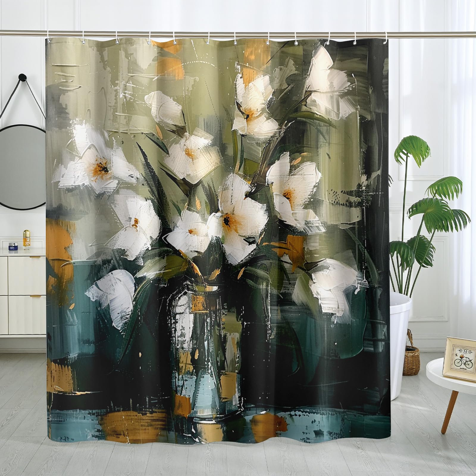 Tenda da doccia floreale gialla e grigia Tenda da doccia con fiori ad
