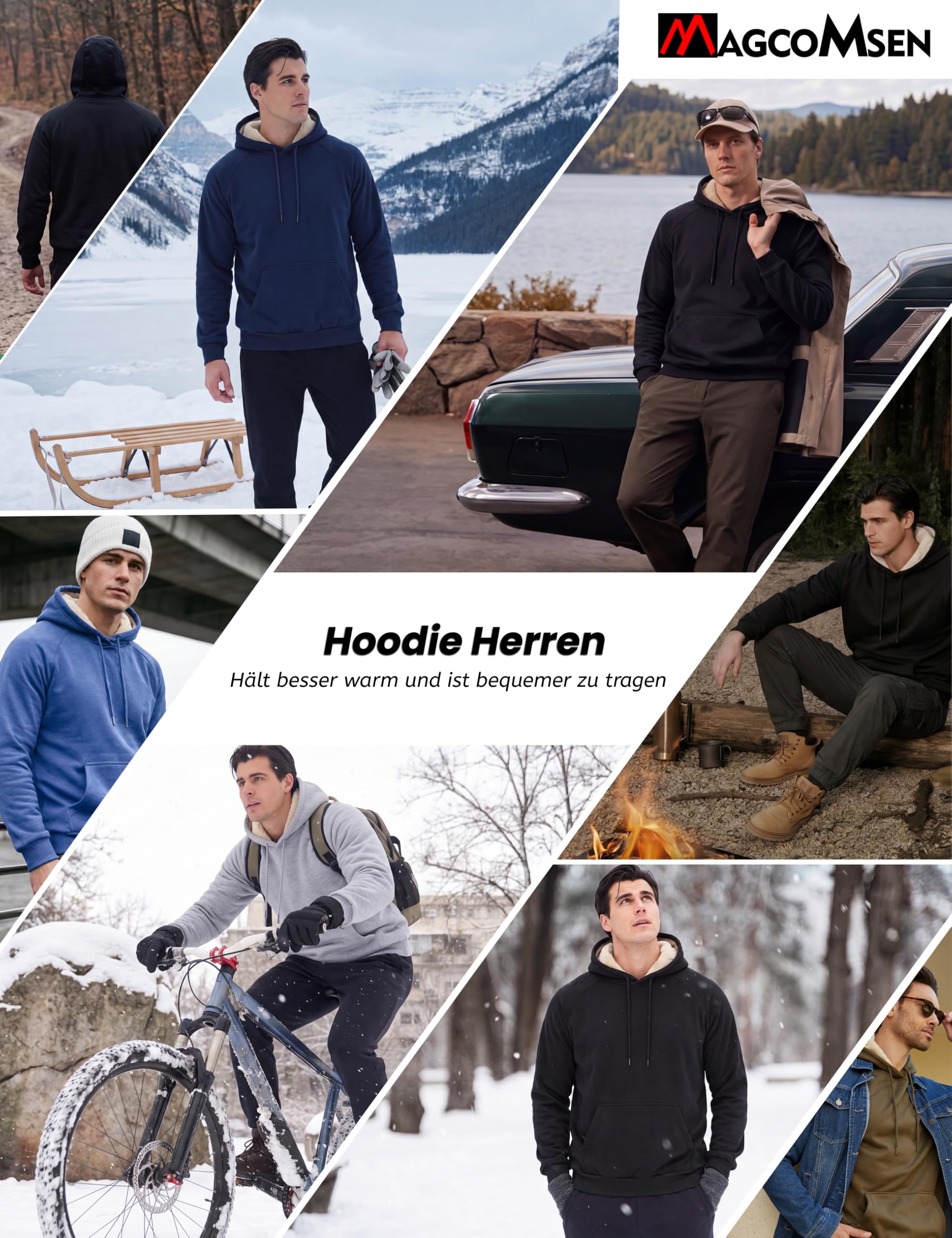 MAGCOMSEN Hoodie Herren Fleecepullover Warm Kapuzenpullover Männer Pullover | Baumwolle Fleece Hoodie,Winter Warm Pullover,Langarm Sweatshirt Herren,Gefüttert Hoody,Fleecepullover mit Bauchtasche