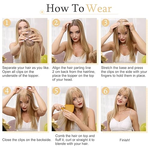 Miniatura 8 de SEGO Toppers para el cabello para mujer, cabello humano real con flequillo, 2.8 x 5.1 in, base de seda, 100% cabello humano Remy con clip en la