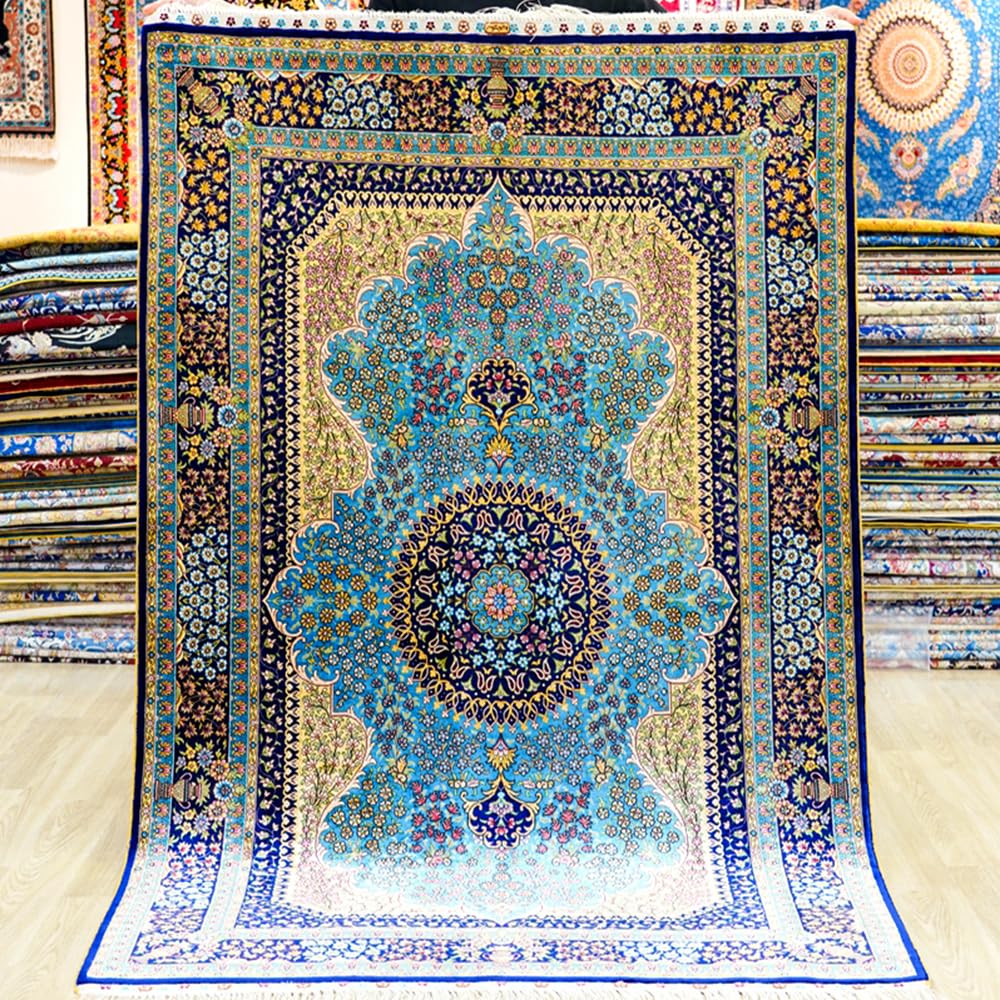 Yuchen Rug Oriental Silk Carpet 4x6 Blue Hand Knotted Traditional Medallion Vintage Luxury Silk Living Room Rug