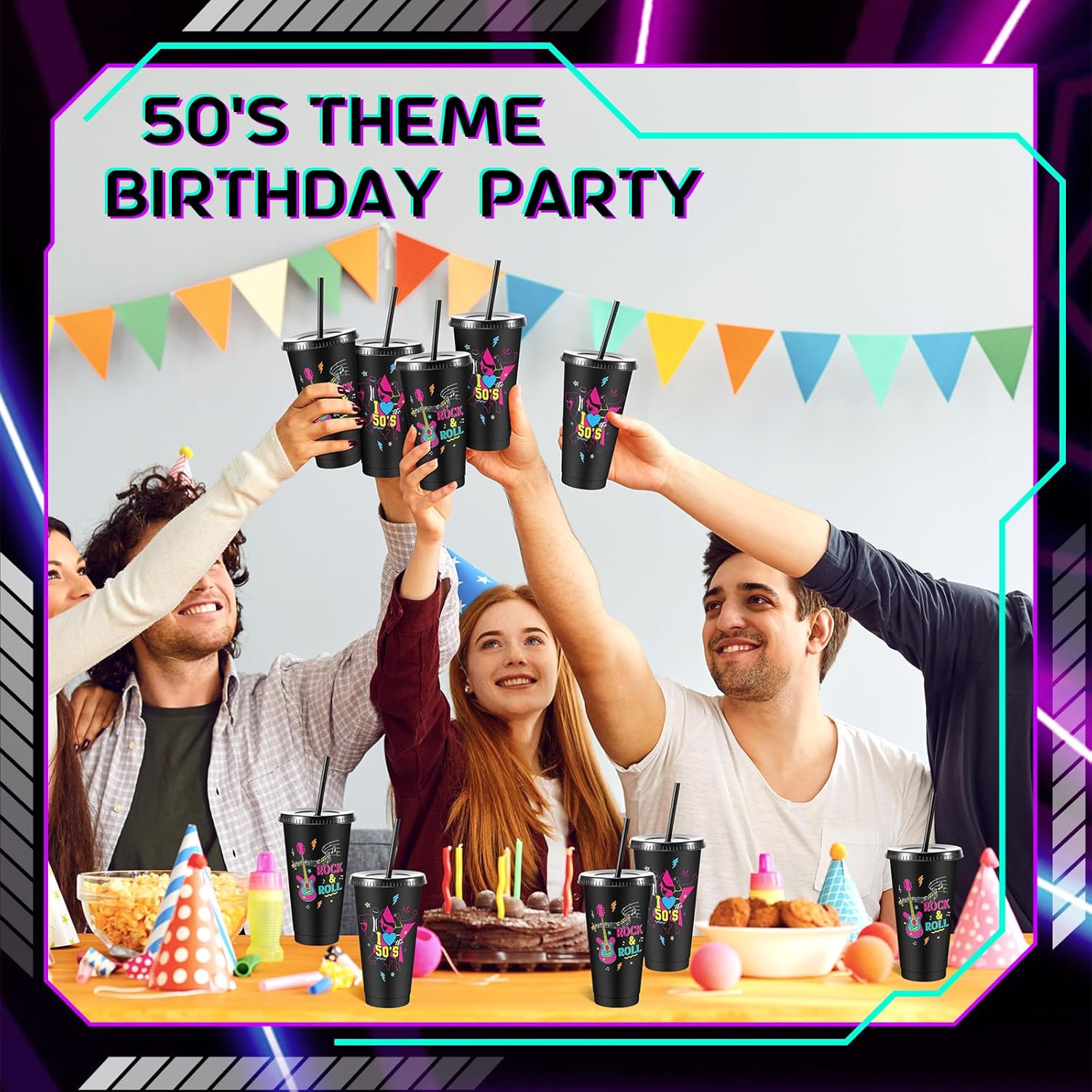 Uiifan 16 Pcs 50's Party Decorations 1950's Reusable Cups with Lids and Straws 24 oz Rock Sock Hop Supplies for 1950s Music Rocking Party Supplies