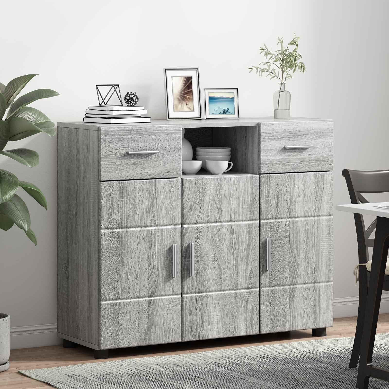 Armadio in legno Sonoma grigio con 3 ante, 2 cassetti, 3 ripiani, opaco, credenza per soggiorno, ufficio, moderna combinazione di pareti