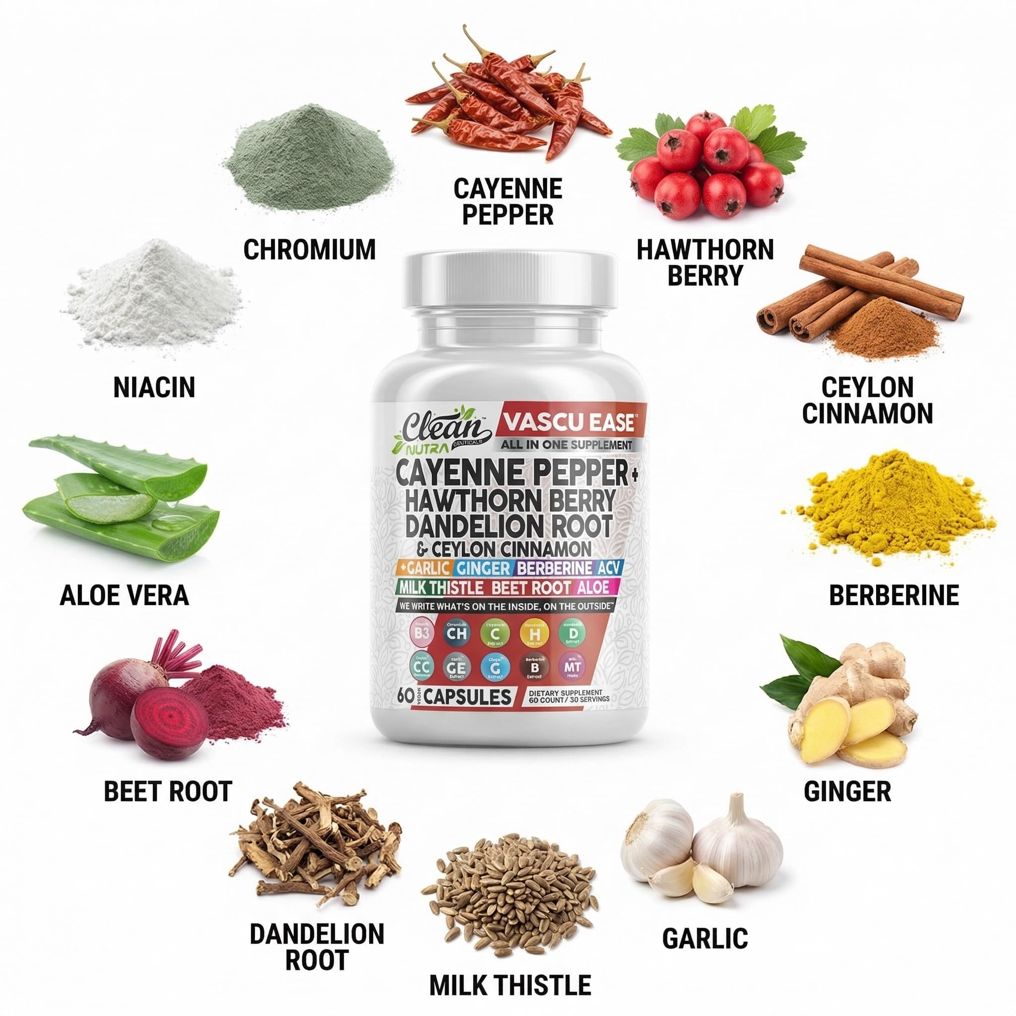 Clean Nutra Cayenne Pepper Capsules Supplement with Hawthorn Berry, Dandelion Root, Ceylon Cinnamon, Garlic, Ginger, Berberine, Apple Cider Vinegar, Milk Thistle, Beet Root, Aloe Vera Pills & More — Amazon image 3