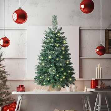 Pre-lit artificial Christmas tree 90cm/3ft,100 PVC Branches Tips+20 Flowering Pine Needles+Burlap Wrapped Plastic Base,Green Xmas Tree for Tabletop or Desk