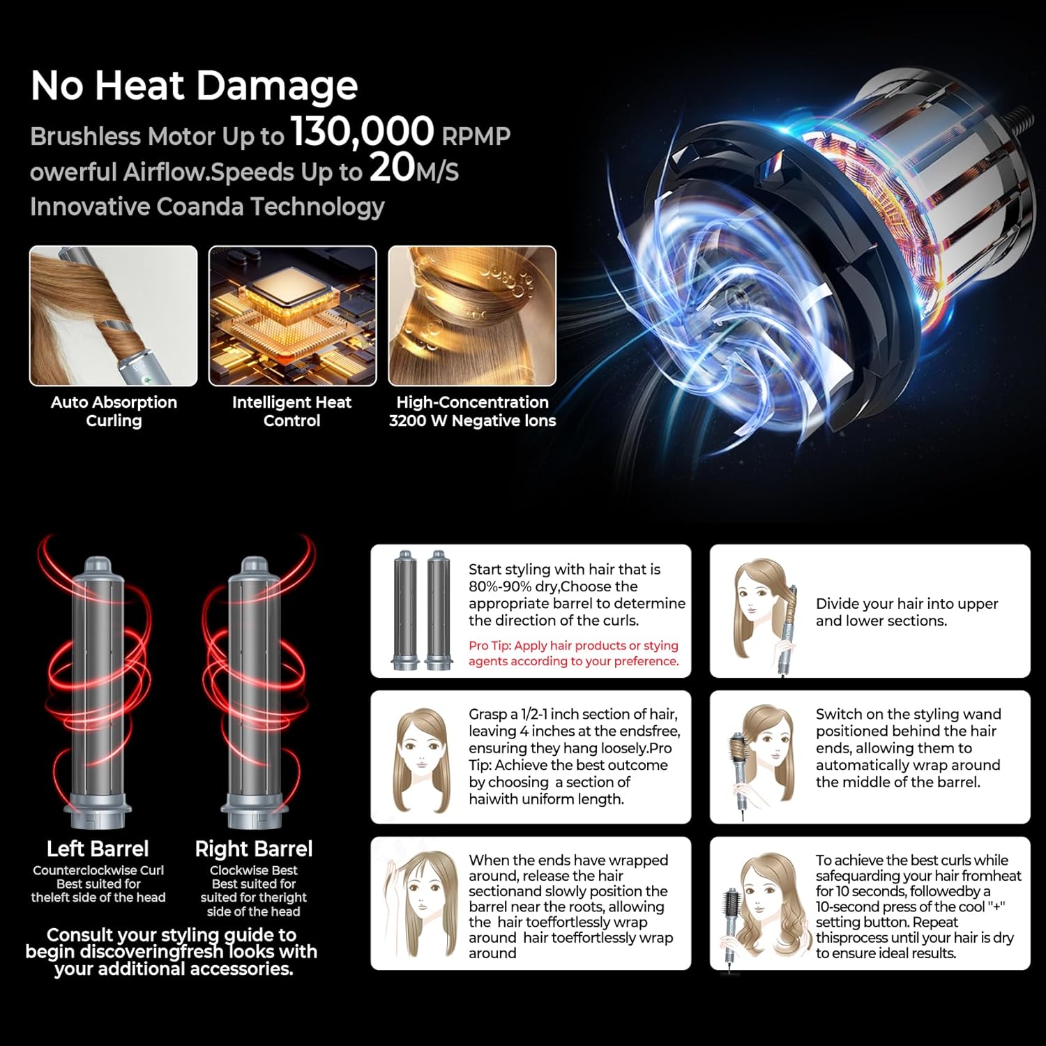 Hair Dryer Brush, 5 in 1 Blow Dryer Brush Set, High Speed Hot Air Styler, Auto Wrap Curlers for Frizz-Free Volume, Smooth Hair&No Heat Damage Hair Styling Tools Gift for Drying Curling Straightening