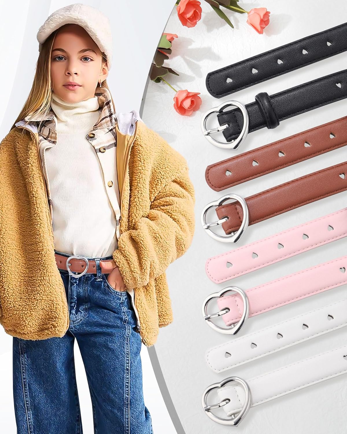 AWAYTR 2 Pack Kids Leather Girls Belt, with Heart Buckle for Pants Dress - Image 5