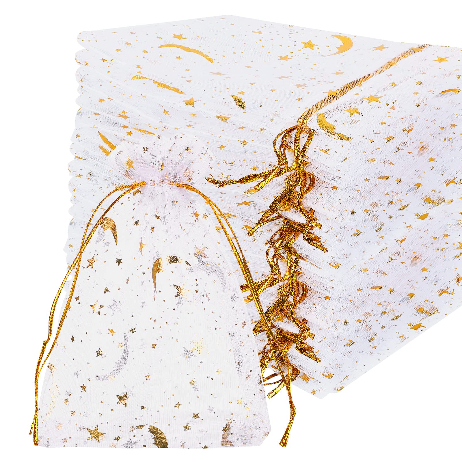 Shappy 150 Pieces Drawstring Organza Bags Small Moon Stars Drawstring Sachet Jewelry Mesh Gift Bags Pouches Gold Star Organza Favor Pouches for