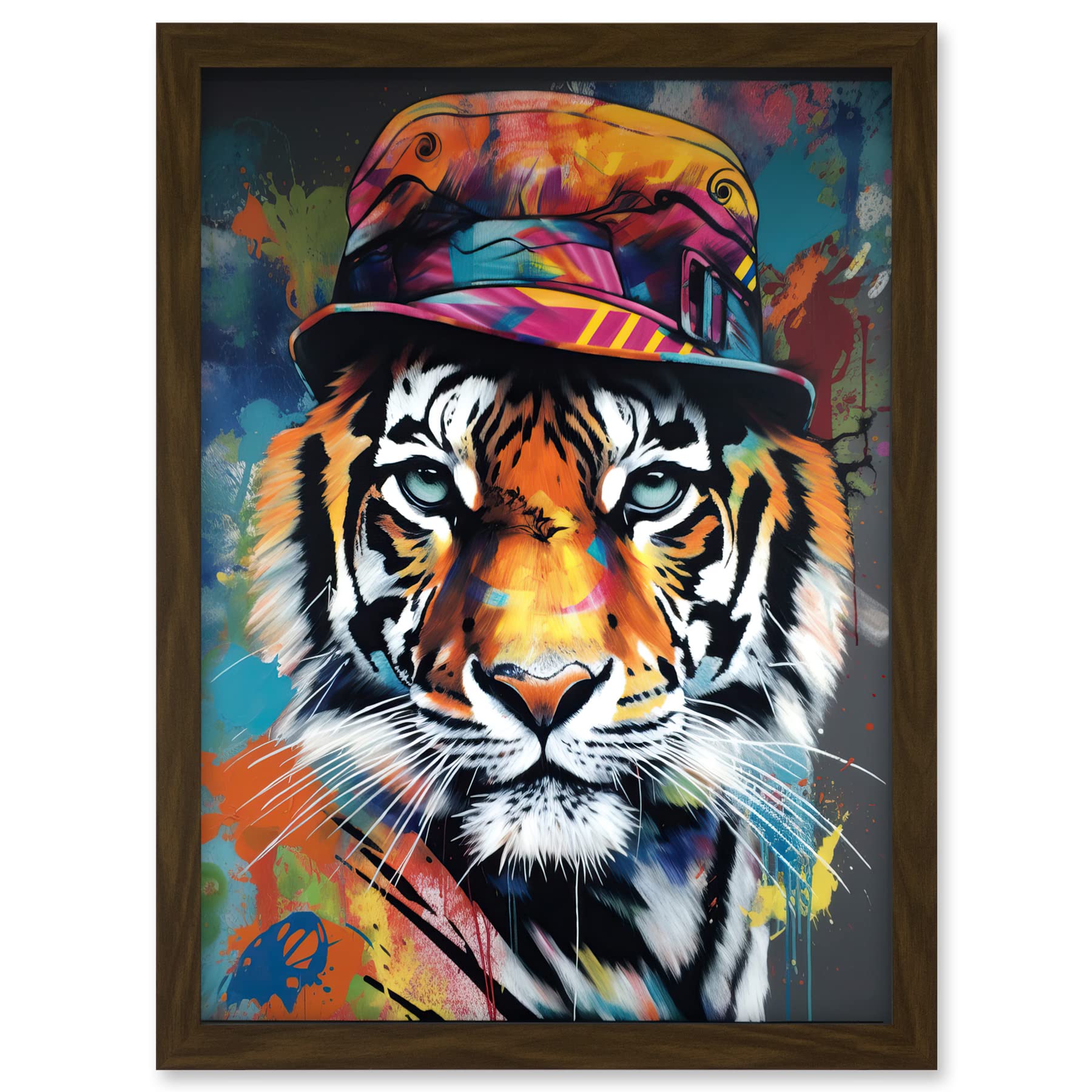 Artery8 Tiger Wearing a Bucket Hat Vibrant Multicoloured Artwork Framed A3 Wall Art Print