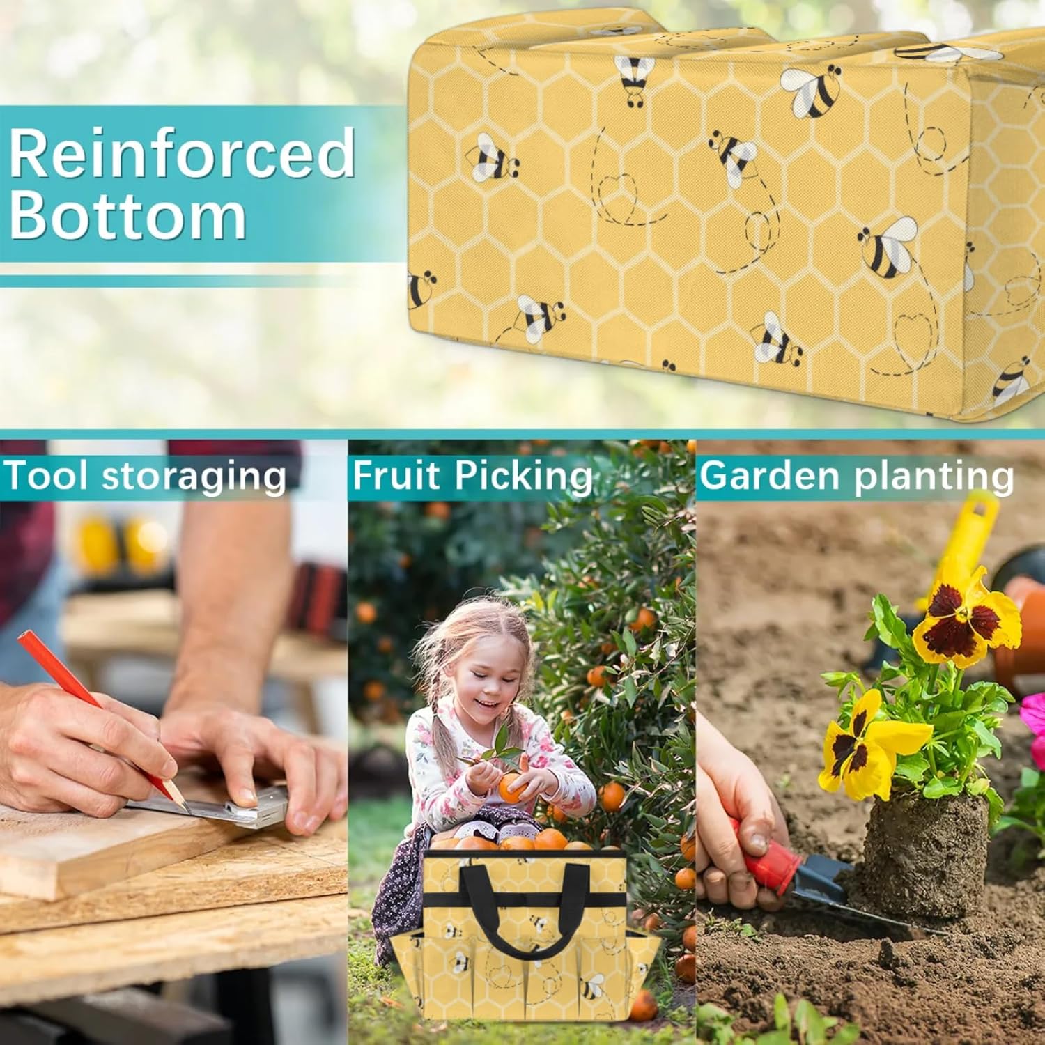 Yellow Bee Gardening Tool Bag,Heavy Duty Garden Tote Bag,Portable Oxford Gardening Storage Basket Organizer Handbag with Pockets Handle,Hand Tools Gifts for Outdoor Garden Lawn Yard