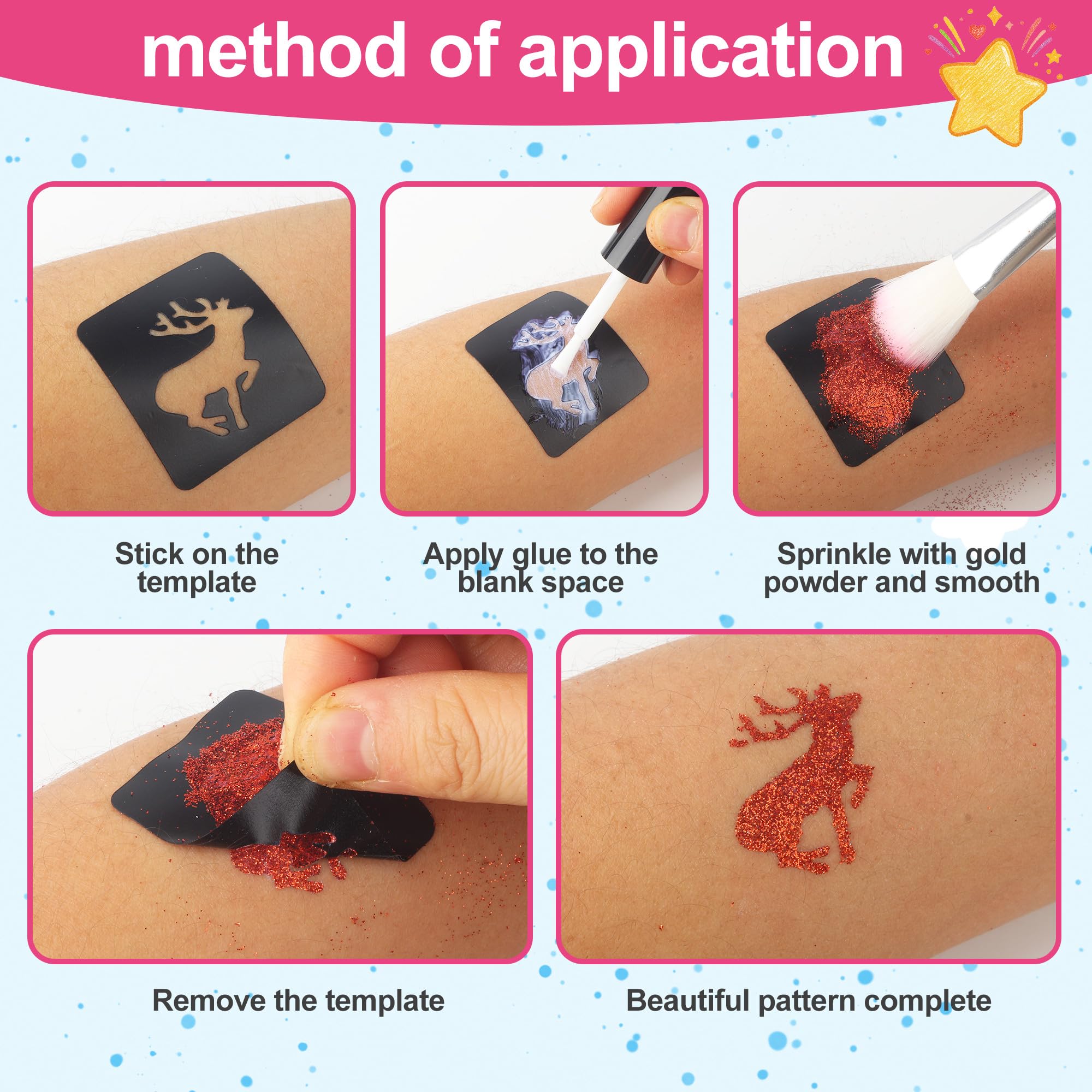 Kit Tatuaggi Glitterati, adatto a bambini e bambine dai 4 ai 12 anni, Kit per Tatuaggi flash temporanei con 48 colori, 192 modelli, 5 pennelli, 3 flaconi di colla, 2 fogli di adesivi glitterati